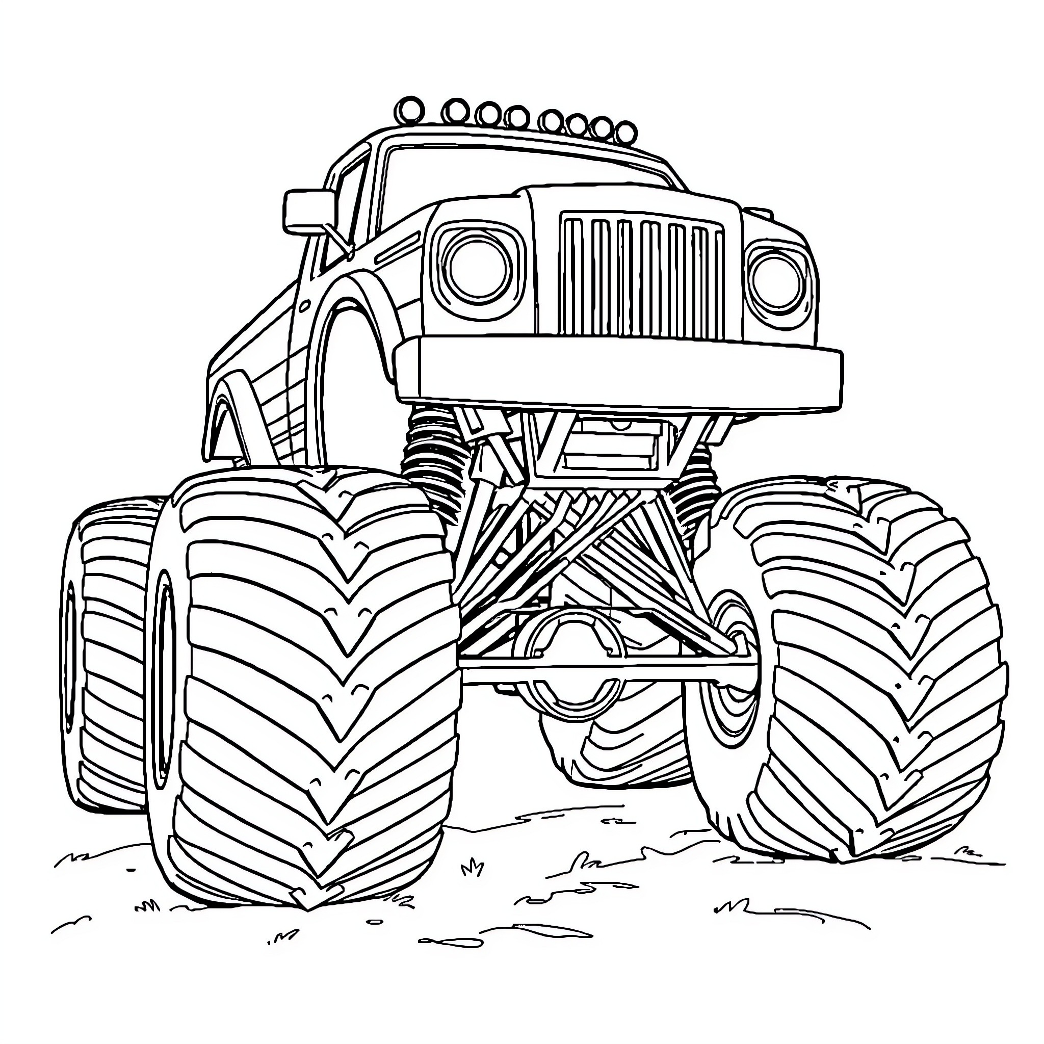 Monster Truck Crushing Through Obstacles Coloring Page (free black-and-white line drawing printable PDF for all, from beginners to advanced learners, including children, teens, adults, and seniors)