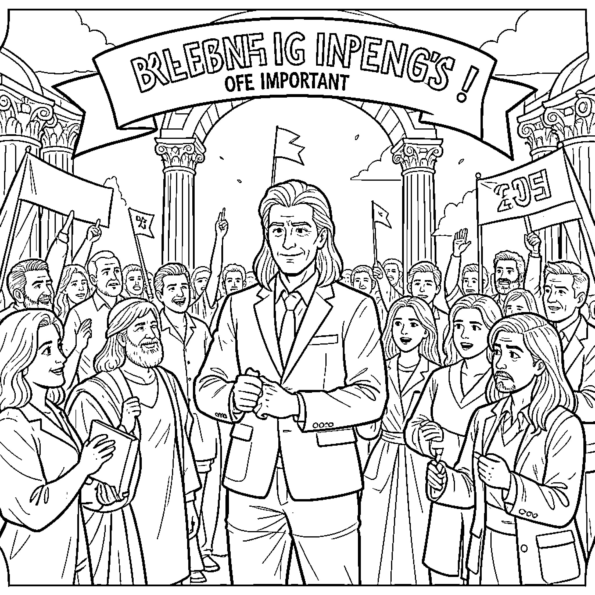 Start a large group of people celebrating together Coloring Page (free black-and-white line drawing printable PDF for all, from beginners to advanced learners, including children, teens, adults, and seniors)