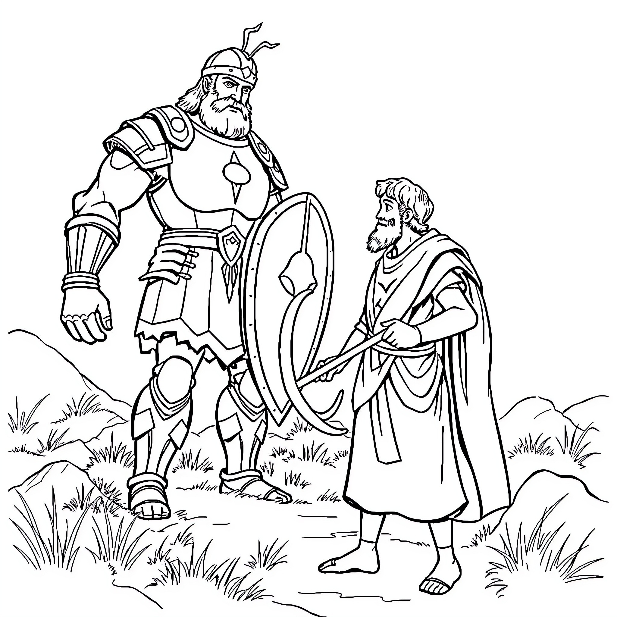 David and Goliath in an epic battle scene Coloring Page (free black-and-white line drawing printable PDF for all, from beginners to advanced learners, including children, teens, adults, and seniors)