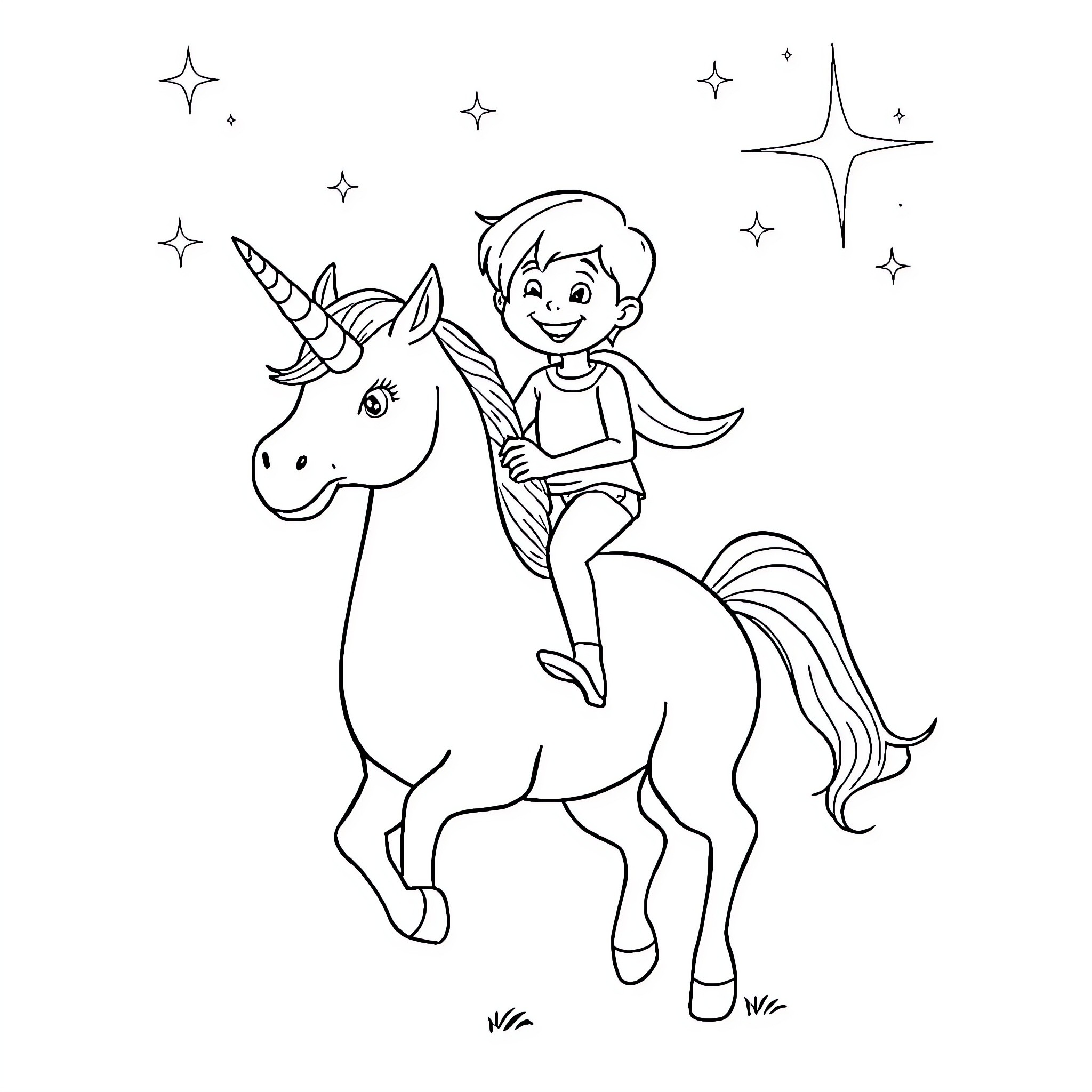Unicorn Ride Under the Starry Night Coloring Page (free black-and-white line drawing printable PDF for all, from beginners to advanced learners, including children, teens, adults, and seniors)