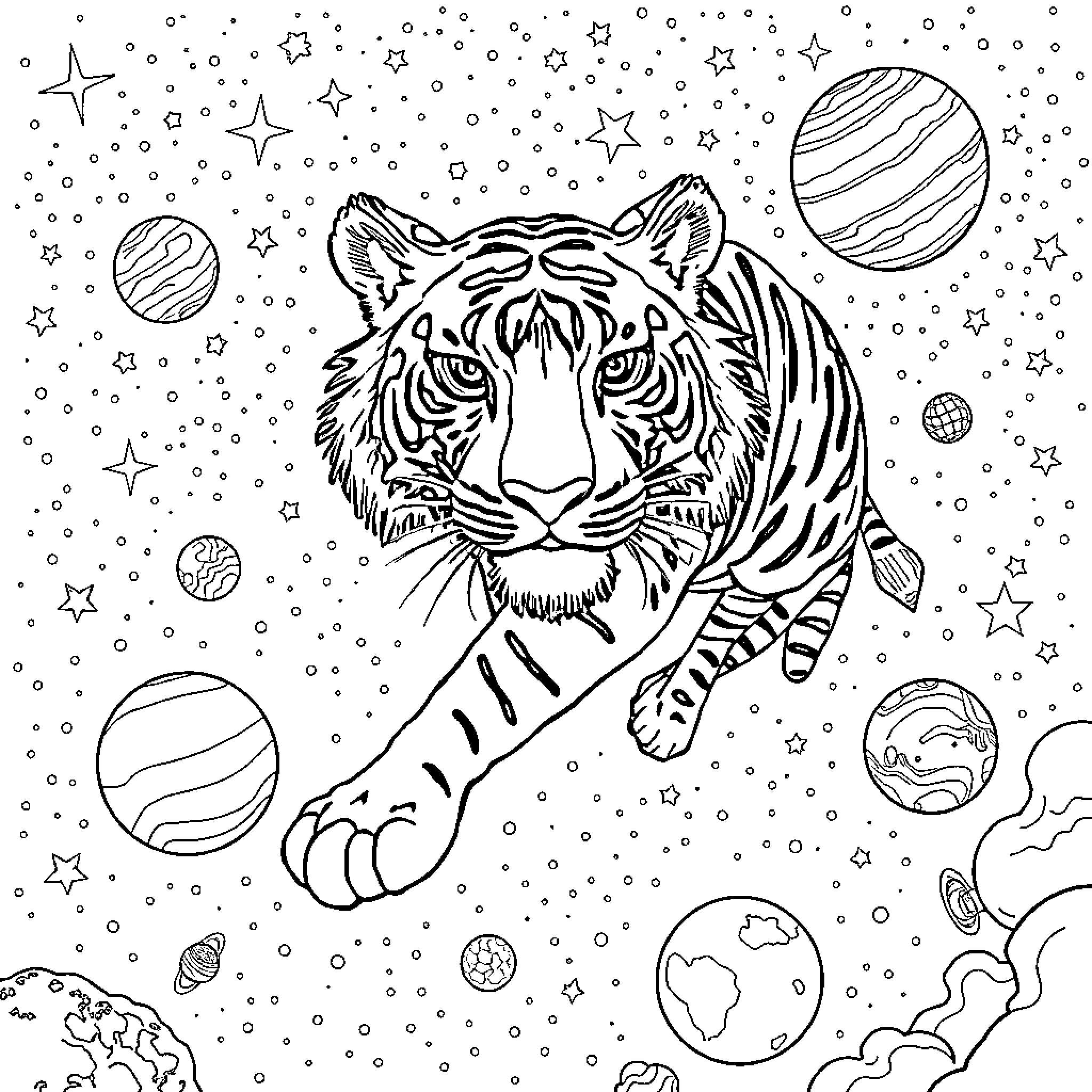 Tiger among the celestial stars Coloring Page (free black-and-white line drawing printable PDF for all, from beginners to advanced learners, including children, teens, adults, and seniors)
