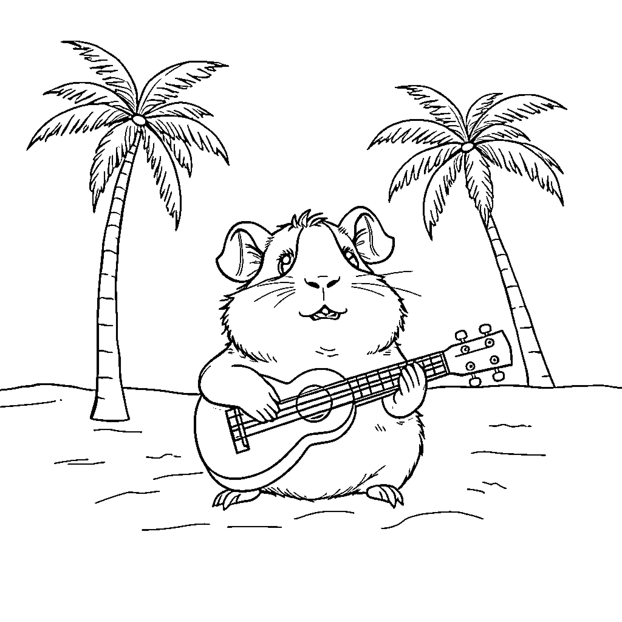 Guinea Pig playing guitar on a tropical beach Coloring Page (free black-and-white line drawing printable PDF for all, from beginners to advanced learners, including children, teens, adults, and seniors)