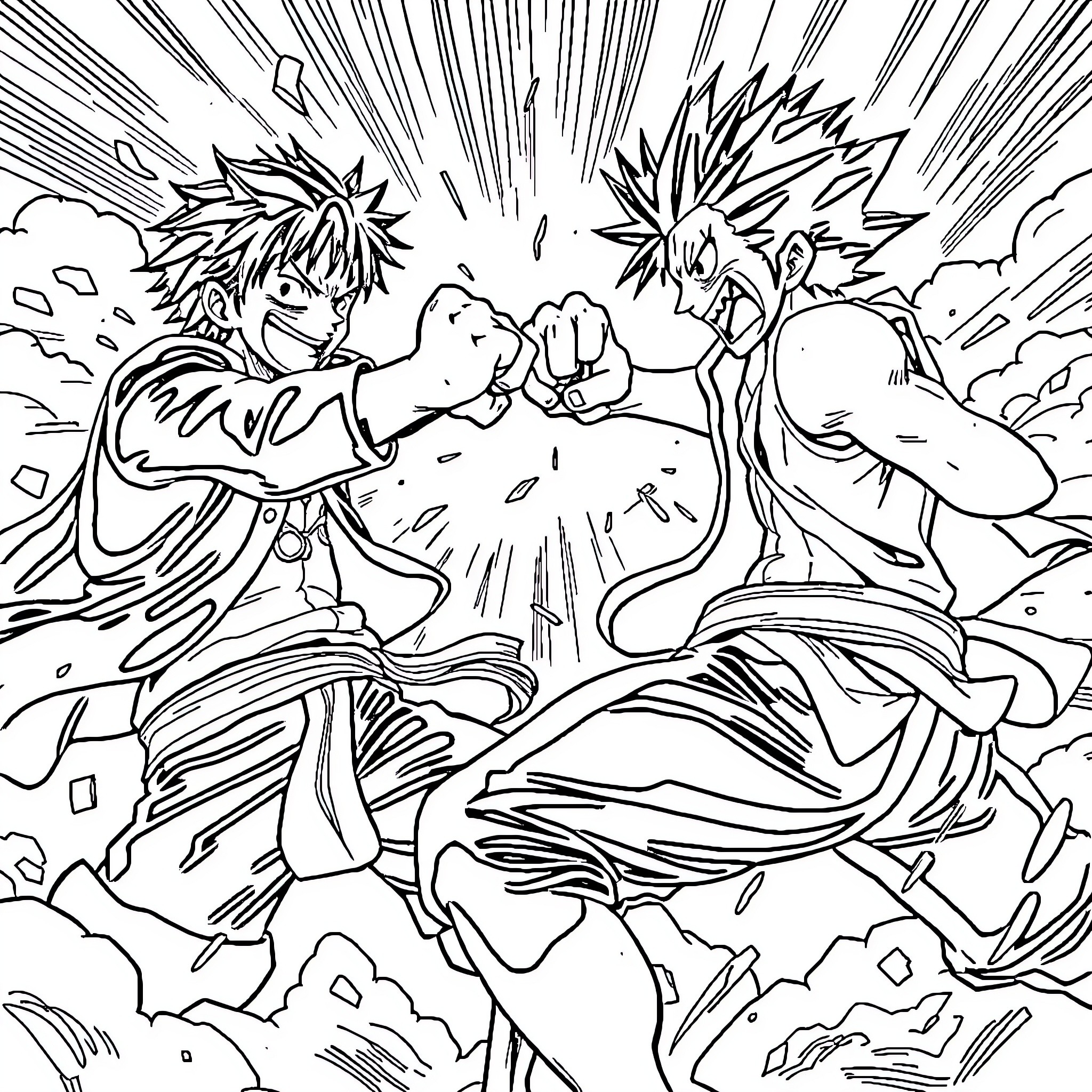 Luffy and Zoro's intense battle against the elements Coloring Page (free black-and-white line drawing printable PDF for all, from beginners to advanced learners, including children, teens, adults, and seniors)