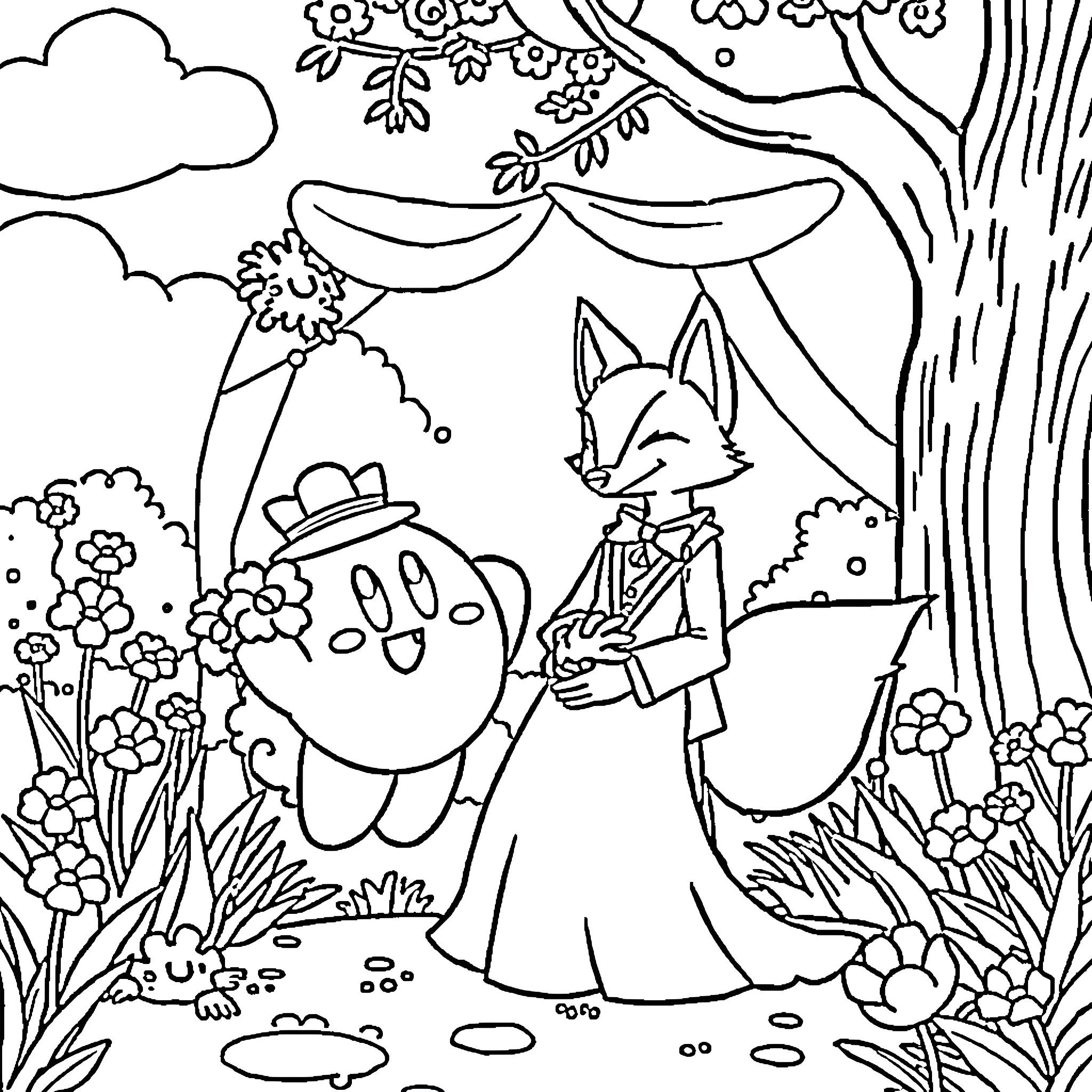 Kirby enjoying a whimsical forest adventure Coloring Page (free black-and-white line drawing printable PDF for all, from beginners to advanced learners, including children, teens, adults, and seniors)