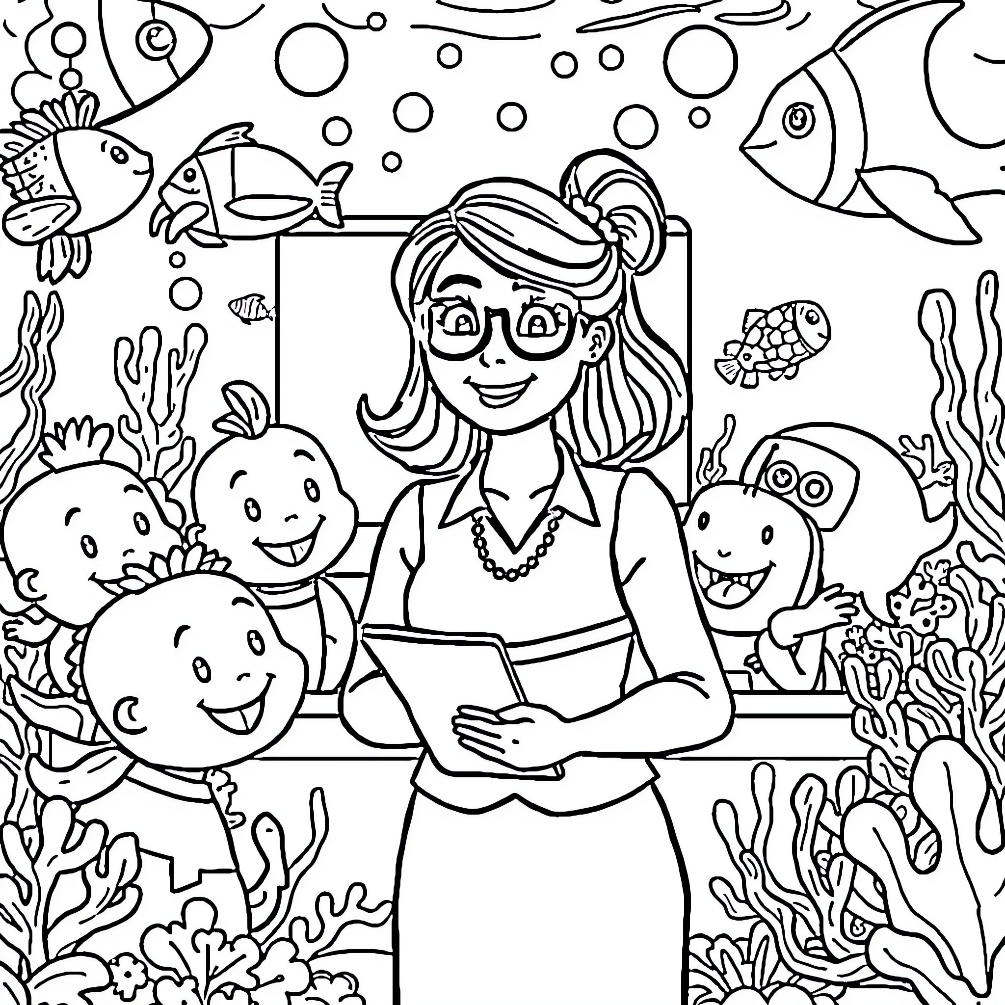 Teacher Interacting with Students in Underwater Scene Coloring Page (free black-and-white line drawing printable PDF for all, from beginners to advanced learners, including children, teens, adults, and seniors)