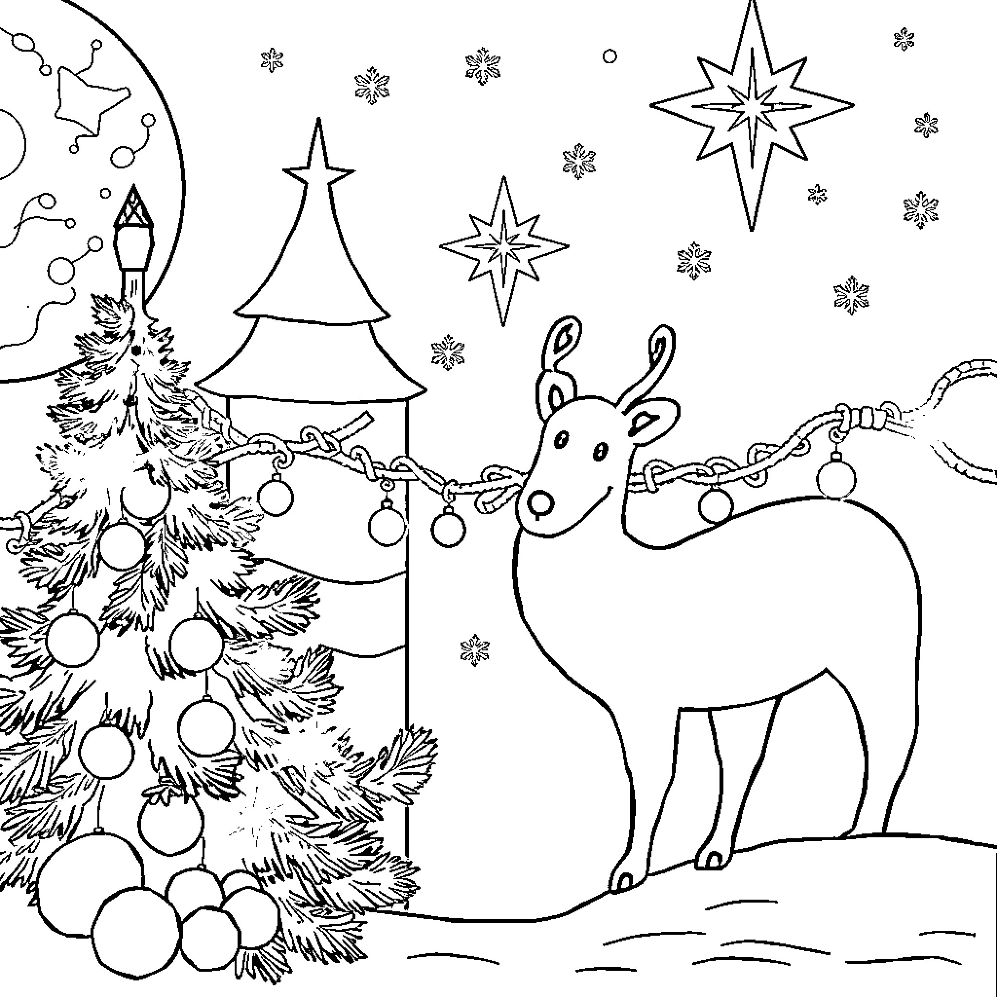 Christmas Reins: Festive Deer and Winter Wonderland Coloring Page (free black-and-white line drawing printable PDF for all, from beginners to advanced learners, including children, teens, adults, and seniors)