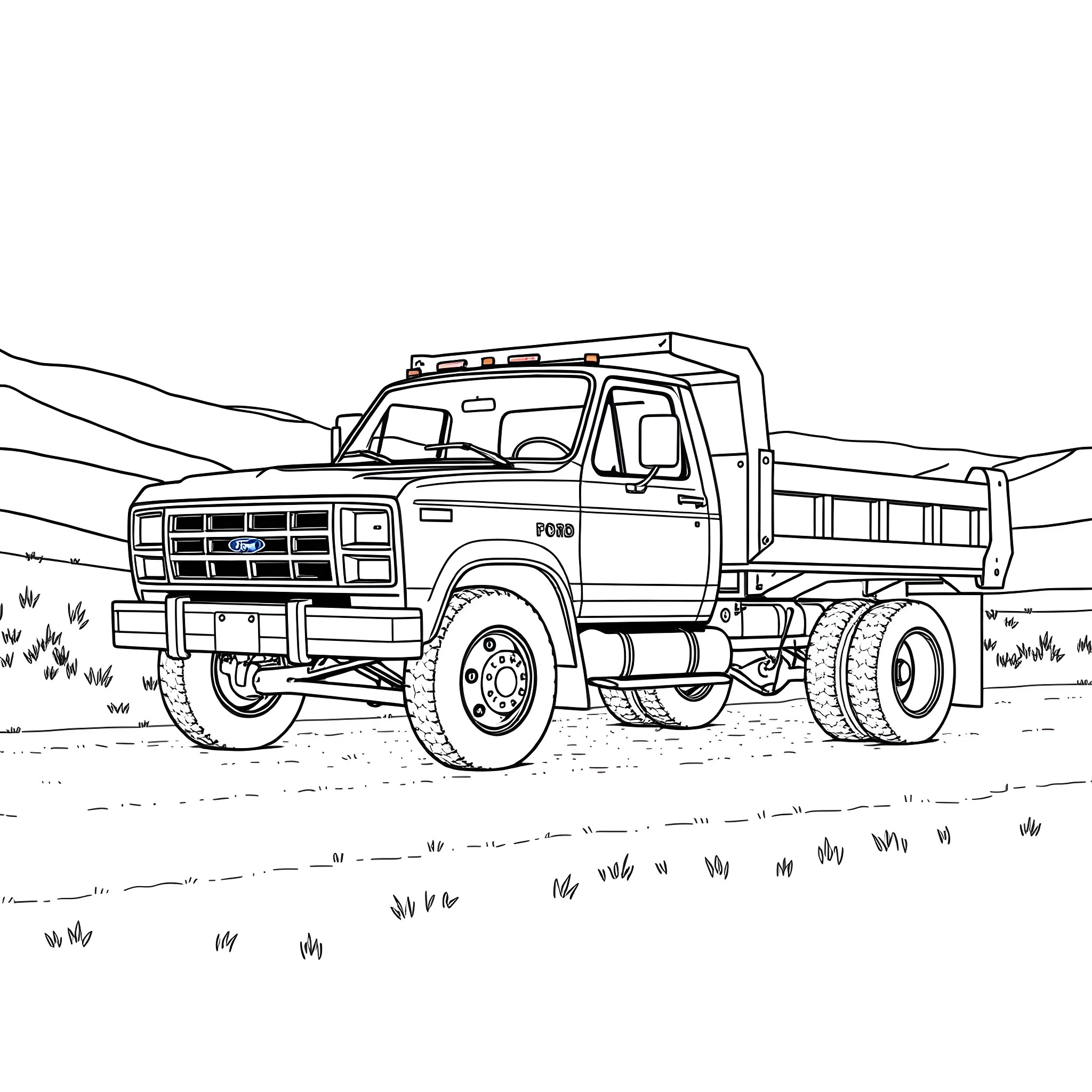 Ford Dually Dump Truck Carrying Heavy Load Coloring Page (free black-and-white line drawing printable PDF for all, from beginners to advanced learners, including children, teens, adults, and seniors)