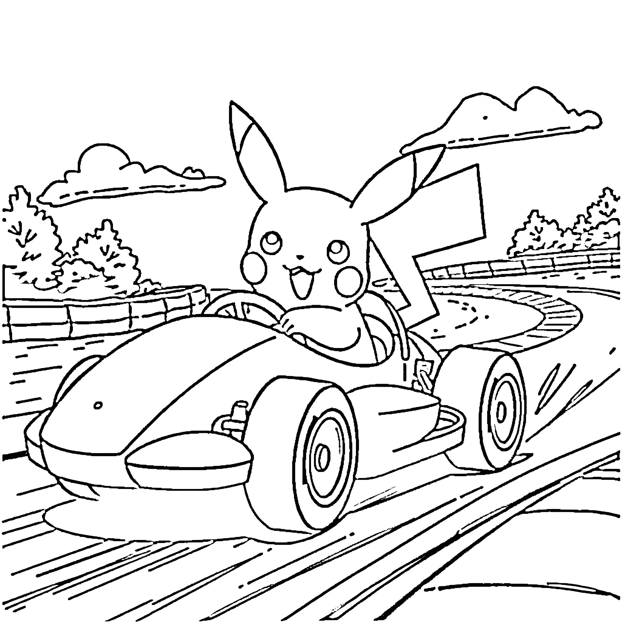 Pikachu racing in a high-speed car Coloring Page (free black-and-white line drawing printable PDF for all, from beginners to advanced learners, including children, teens, adults, and seniors)