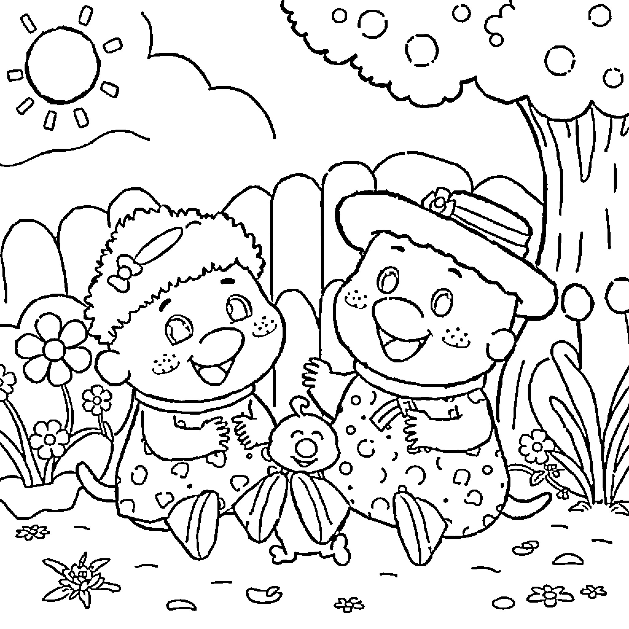 Sago Mini characters exploring nature Coloring Page (free black-and-white line drawing printable PDF for all, from beginners to advanced learners, including children, teens, adults, and seniors)