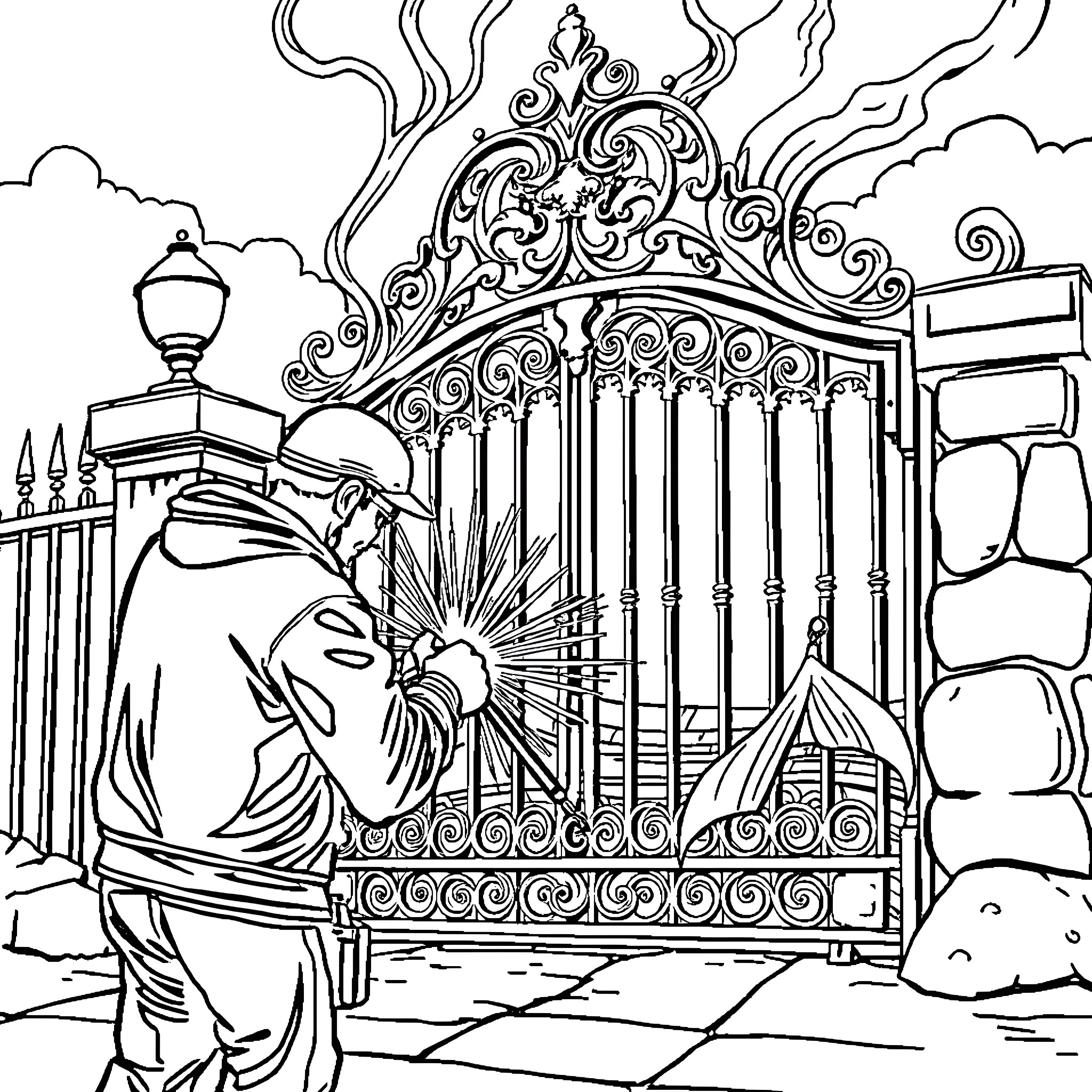 Man approaching an ornate gate with a bright light Coloring Page (free black-and-white line drawing printable PDF for all, from beginners to advanced learners, including children, teens, adults, and seniors)