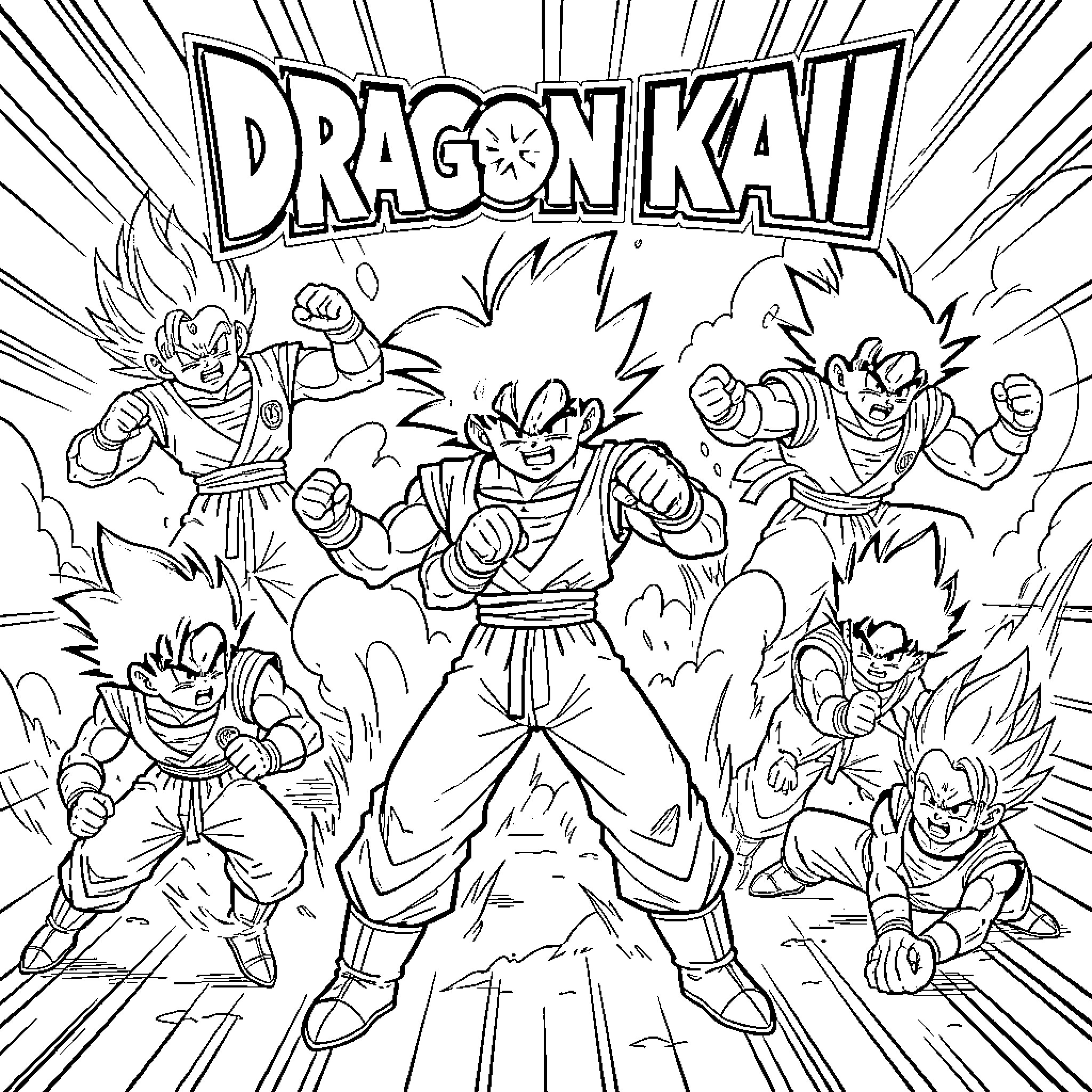Dragon Ball characters engaging in an intense battle Coloring Page (free black-and-white line drawing printable PDF for all, from beginners to advanced learners, including children, teens, adults, and seniors)