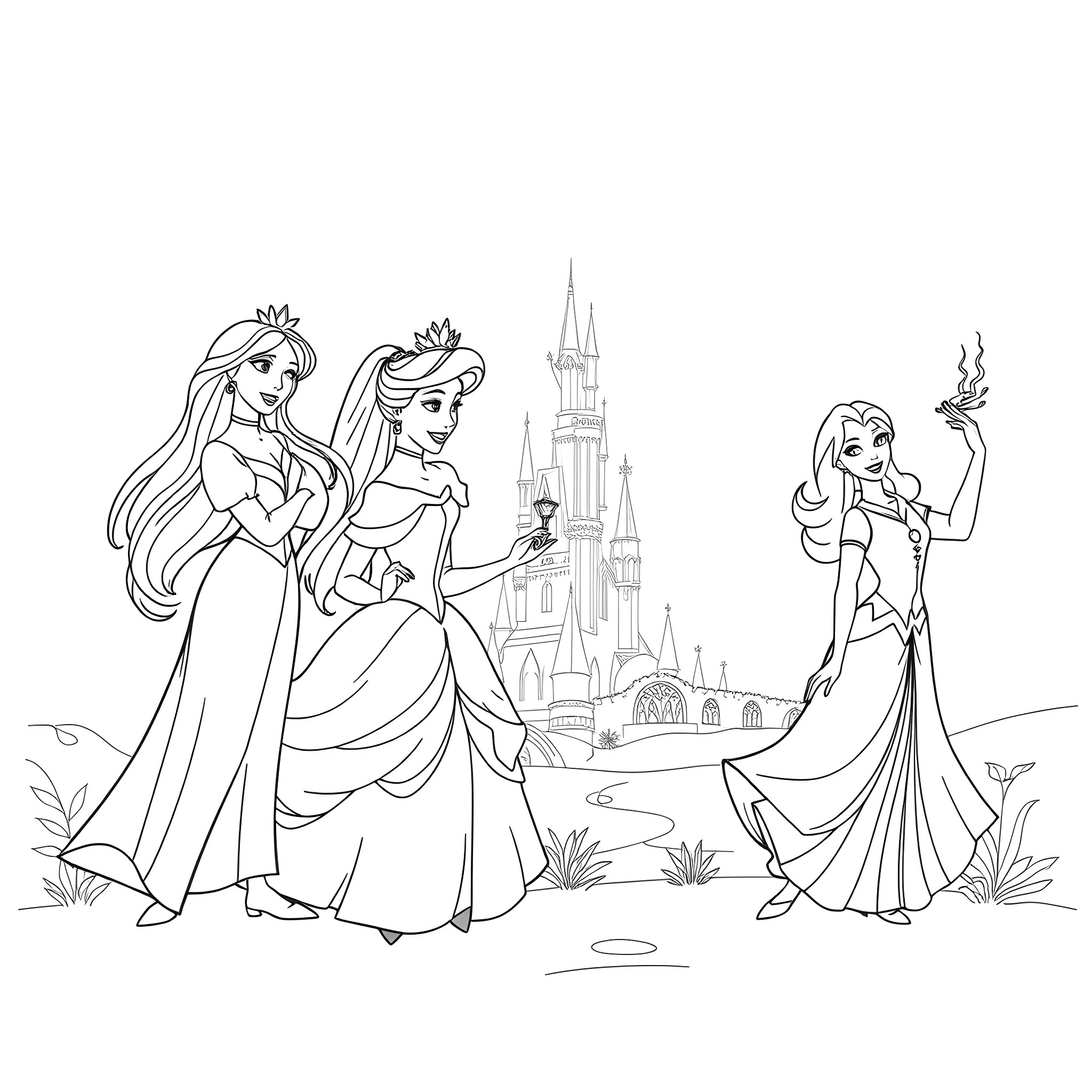 Princess Trio Exploring the Castle Grounds Coloring Page (free black-and-white line drawing printable PDF for all, from beginners to advanced learners, including children, teens, adults, and seniors)