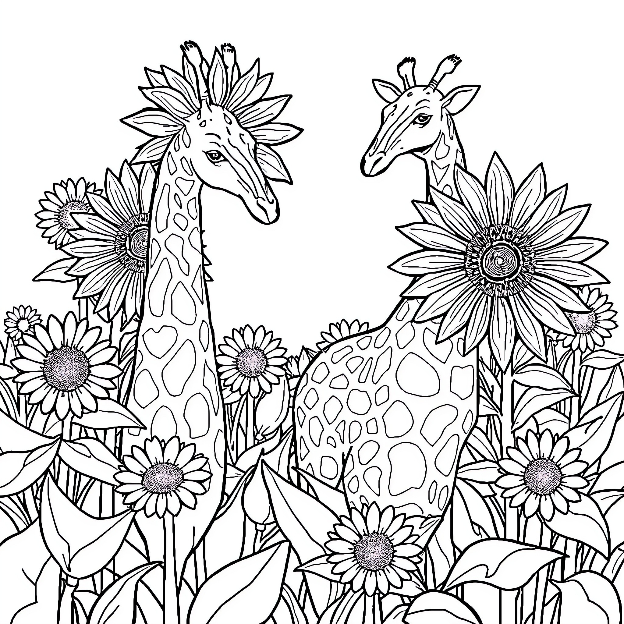 Sunflower field with playful giraffes Coloring Page (free black-and-white line drawing printable PDF for all, from beginners to advanced learners, including children, teens, adults, and seniors)