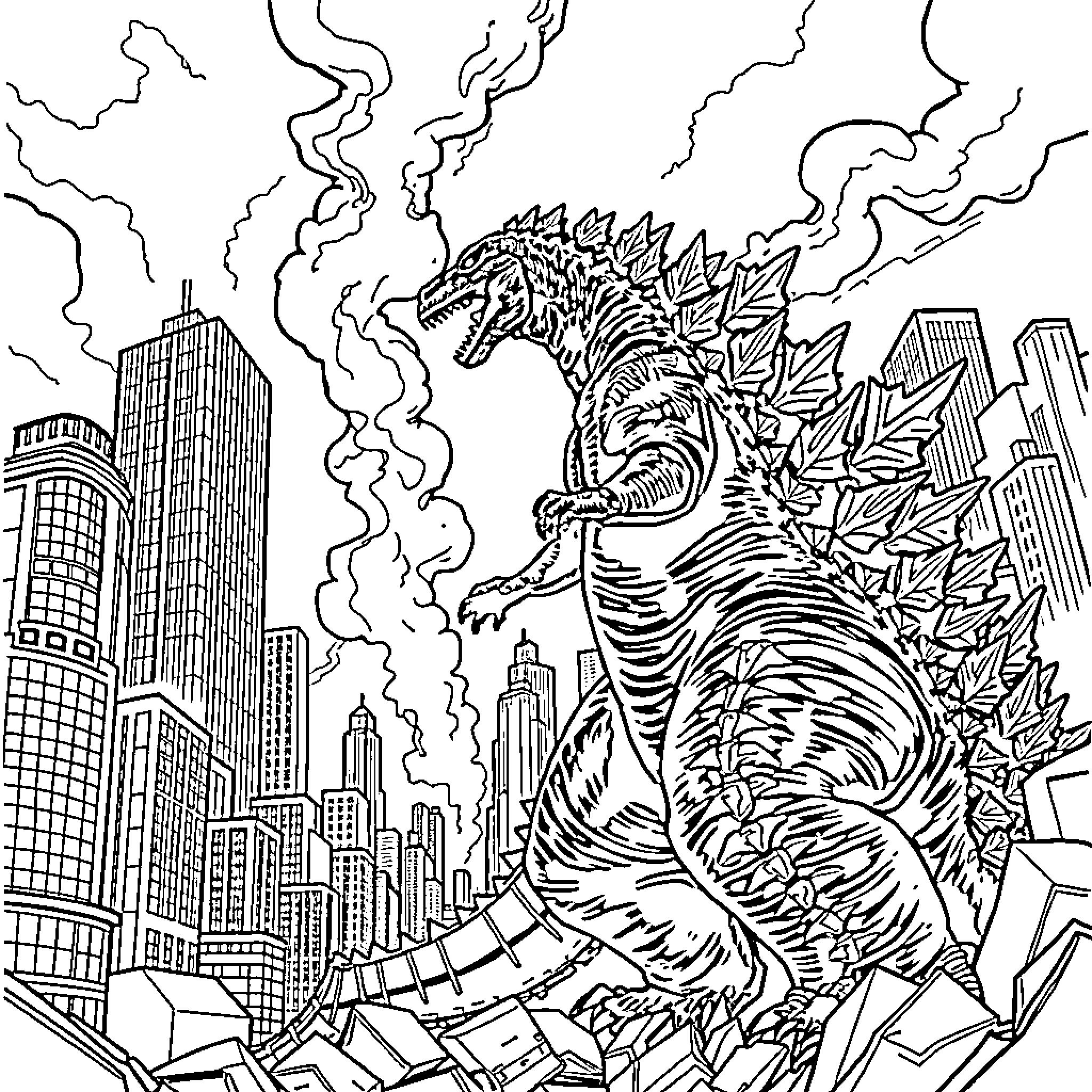 Godzilla unleashing destruction in the city Coloring Page (free black-and-white line drawing printable PDF for all, from beginners to advanced learners, including children, teens, adults, and seniors)