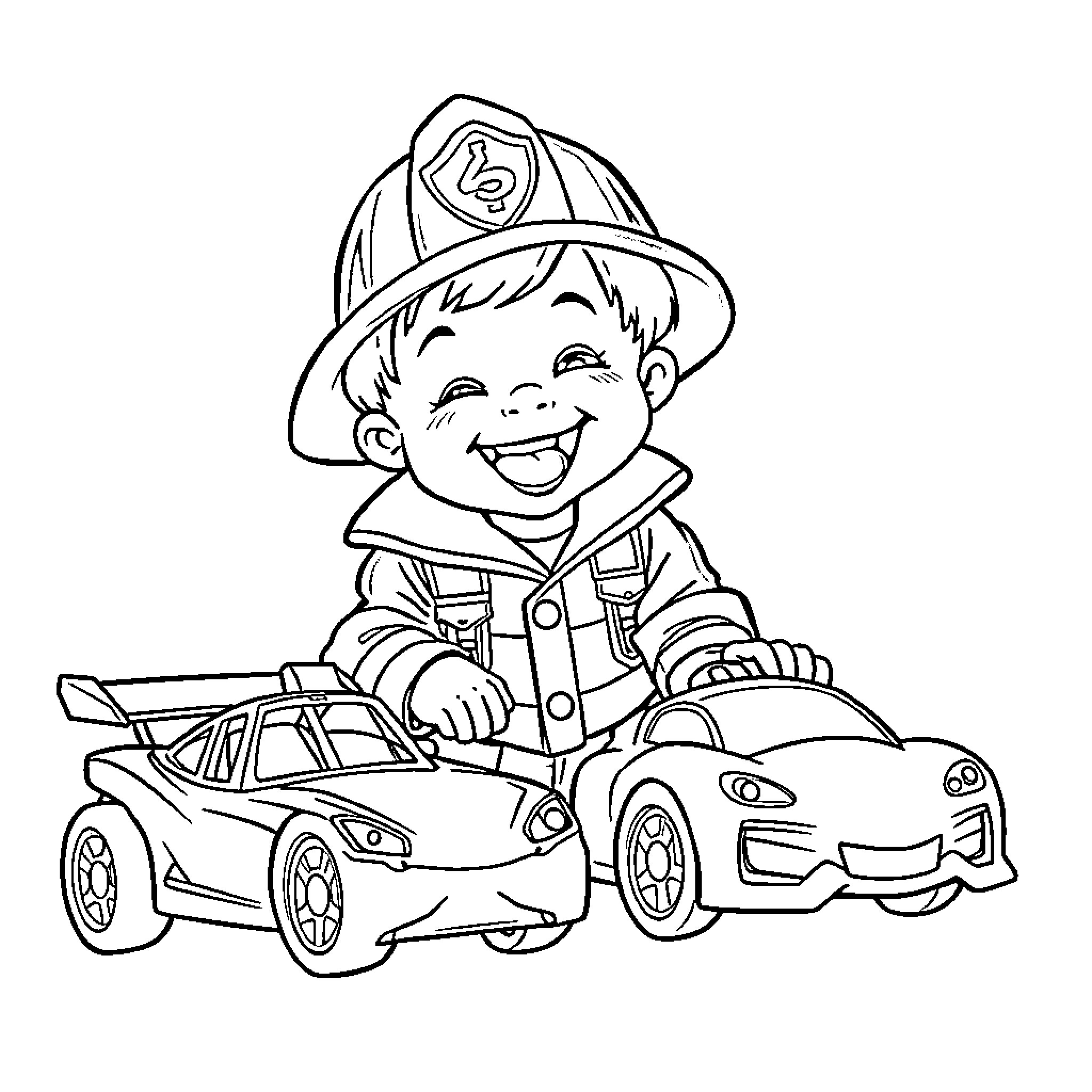 Boy playing happily with toy fire truck Coloring Page (free black-and-white line drawing printable PDF for all, from beginners to advanced learners, including children, teens, adults, and seniors)
