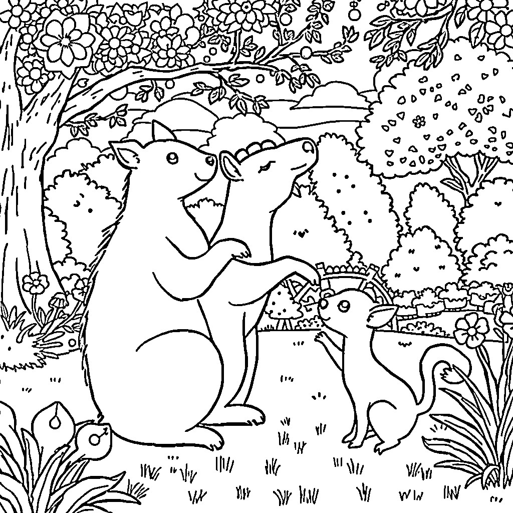 Animal friends in a garden scene Coloring Page (free black-and-white line drawing printable PDF for all, from beginners to advanced learners, including children, teens, adults, and seniors)