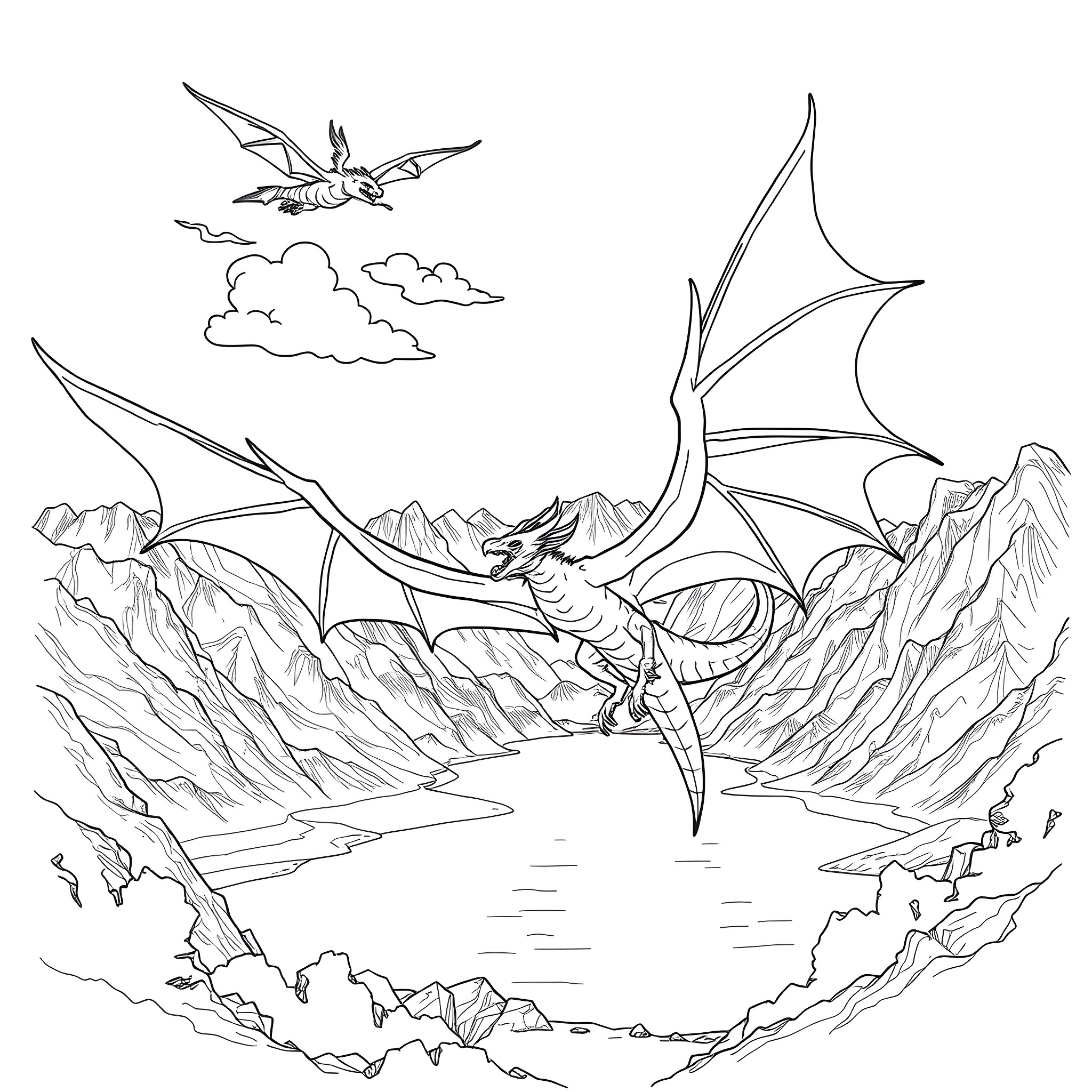 Dragon soaring over rugged mountain landscape Coloring Page (free black-and-white line drawing printable PDF for all, from beginners to advanced learners, including children, teens, adults, and seniors)