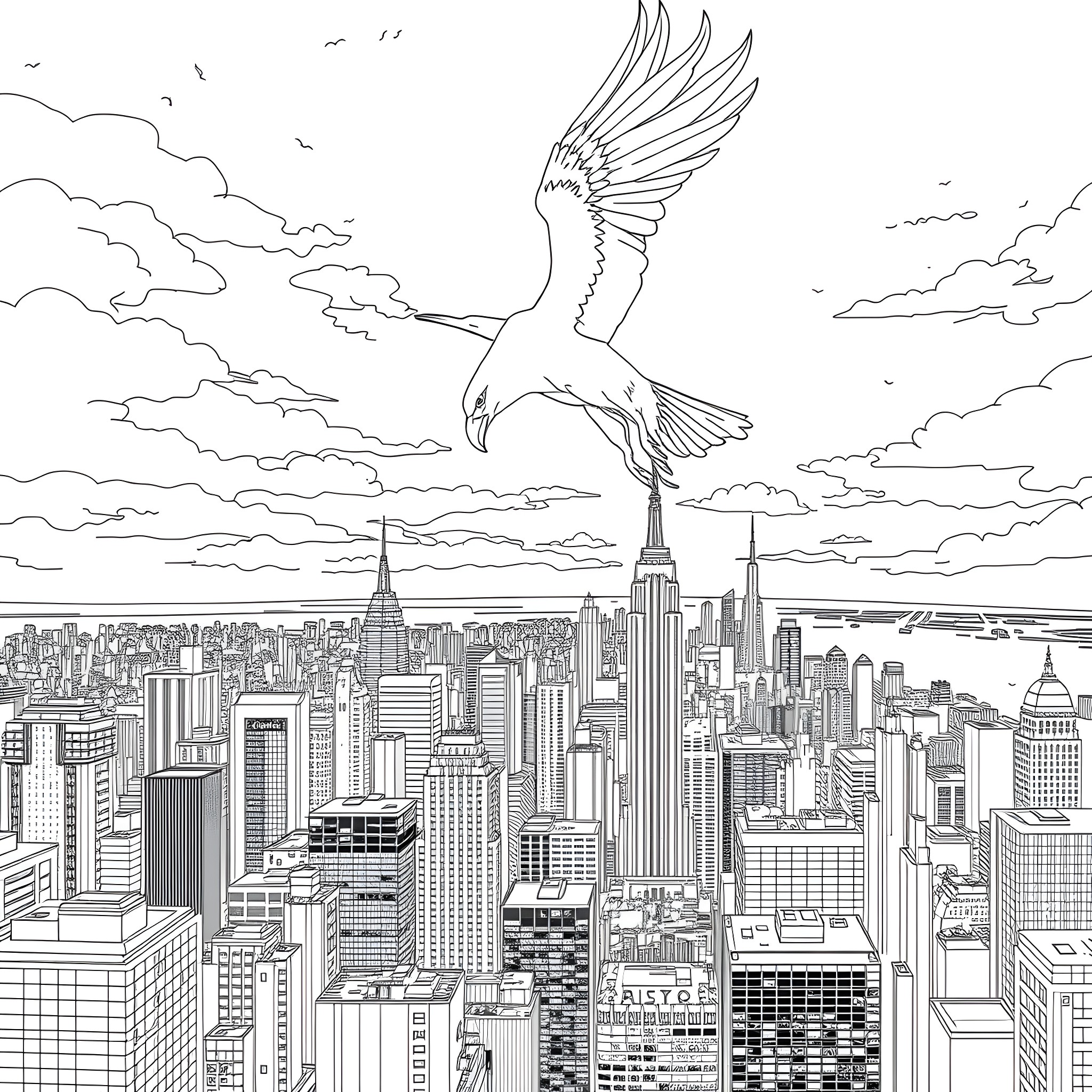 Dragon soaring over the majestic city skyline Coloring Page (free black-and-white line drawing printable PDF for all, from beginners to advanced learners, including children, teens, adults, and seniors)