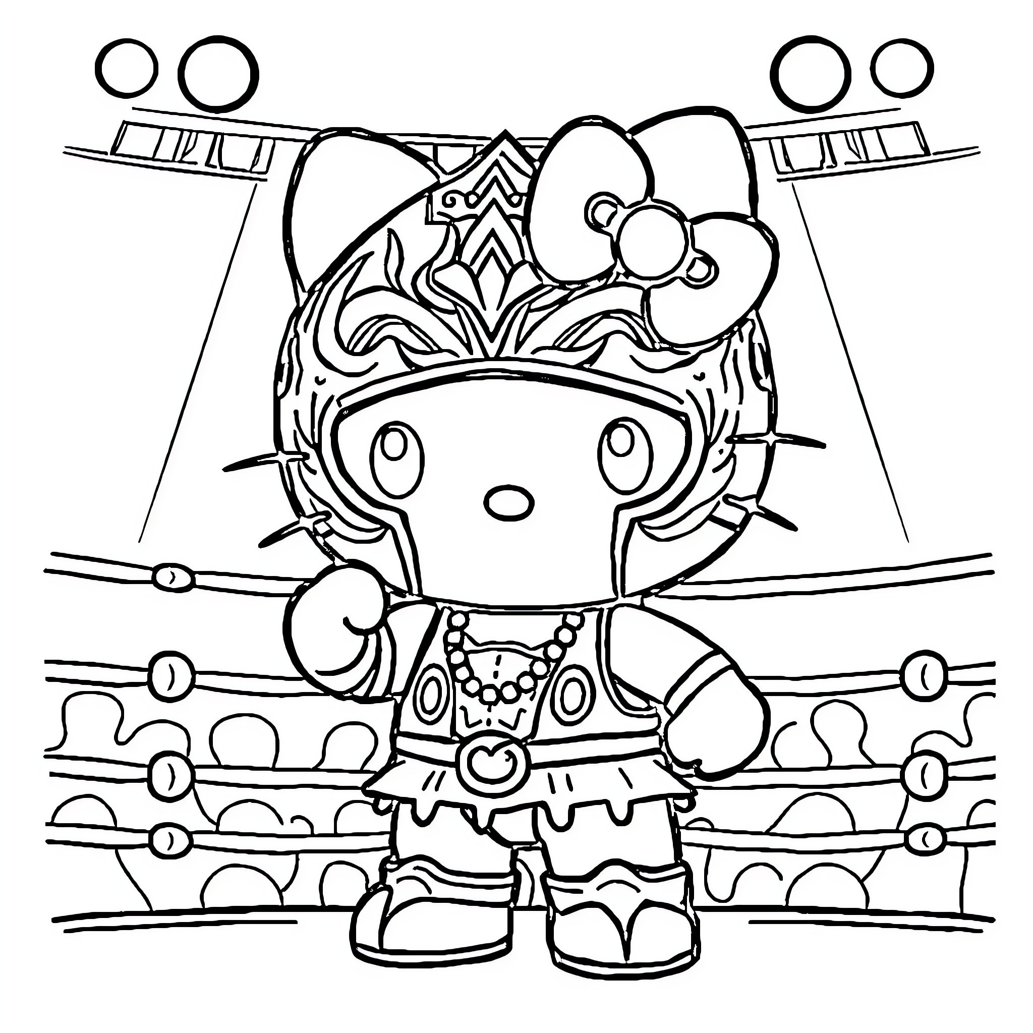 Hello Kitty in Ornate Costume on Stage Coloring Page (free black-and-white line drawing printable PDF for all, from beginners to advanced learners, including children, teens, adults, and seniors)