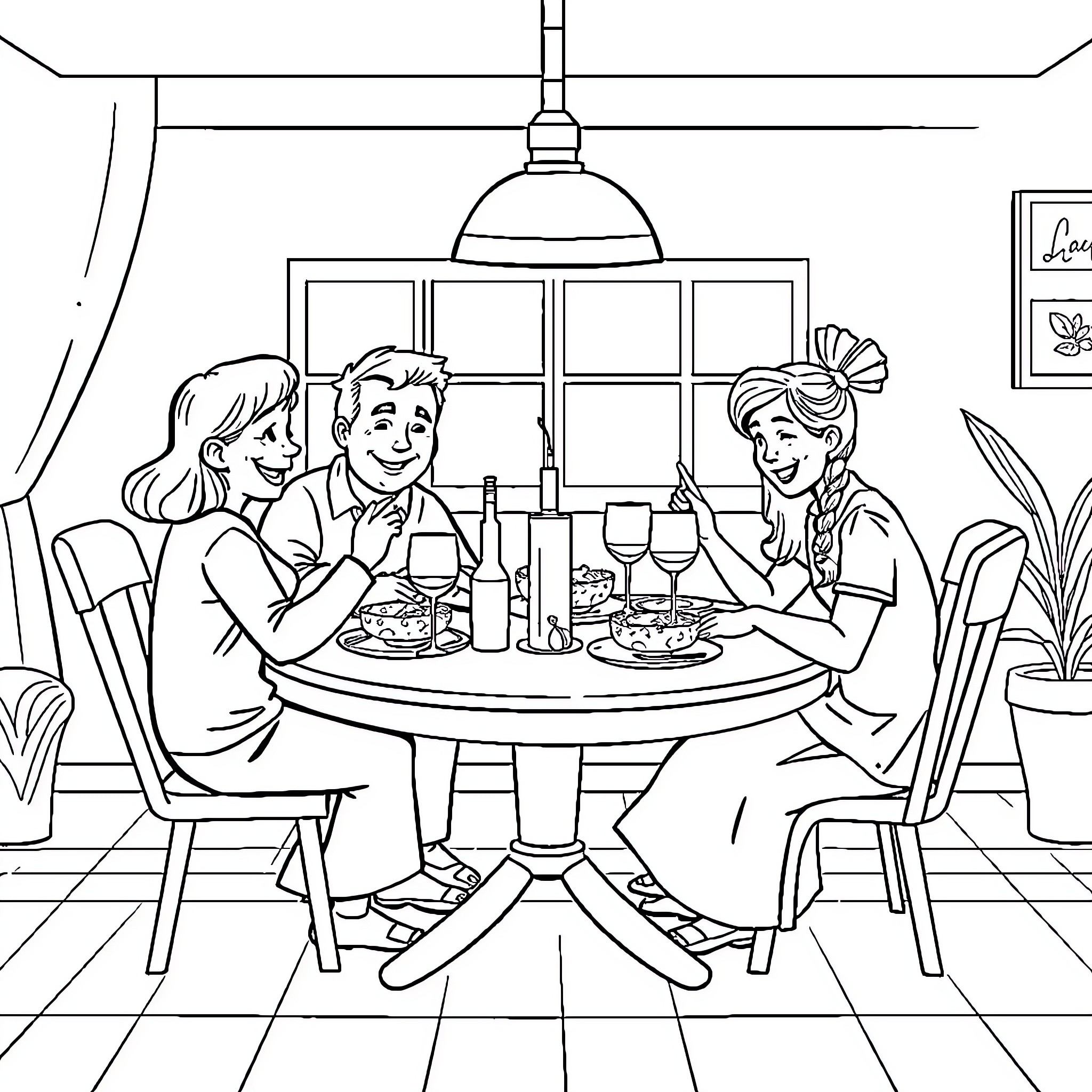 Family Enjoying a Cozy Meal Together Coloring Page (free black-and-white line drawing printable PDF for all, from beginners to advanced learners, including children, teens, adults, and seniors)