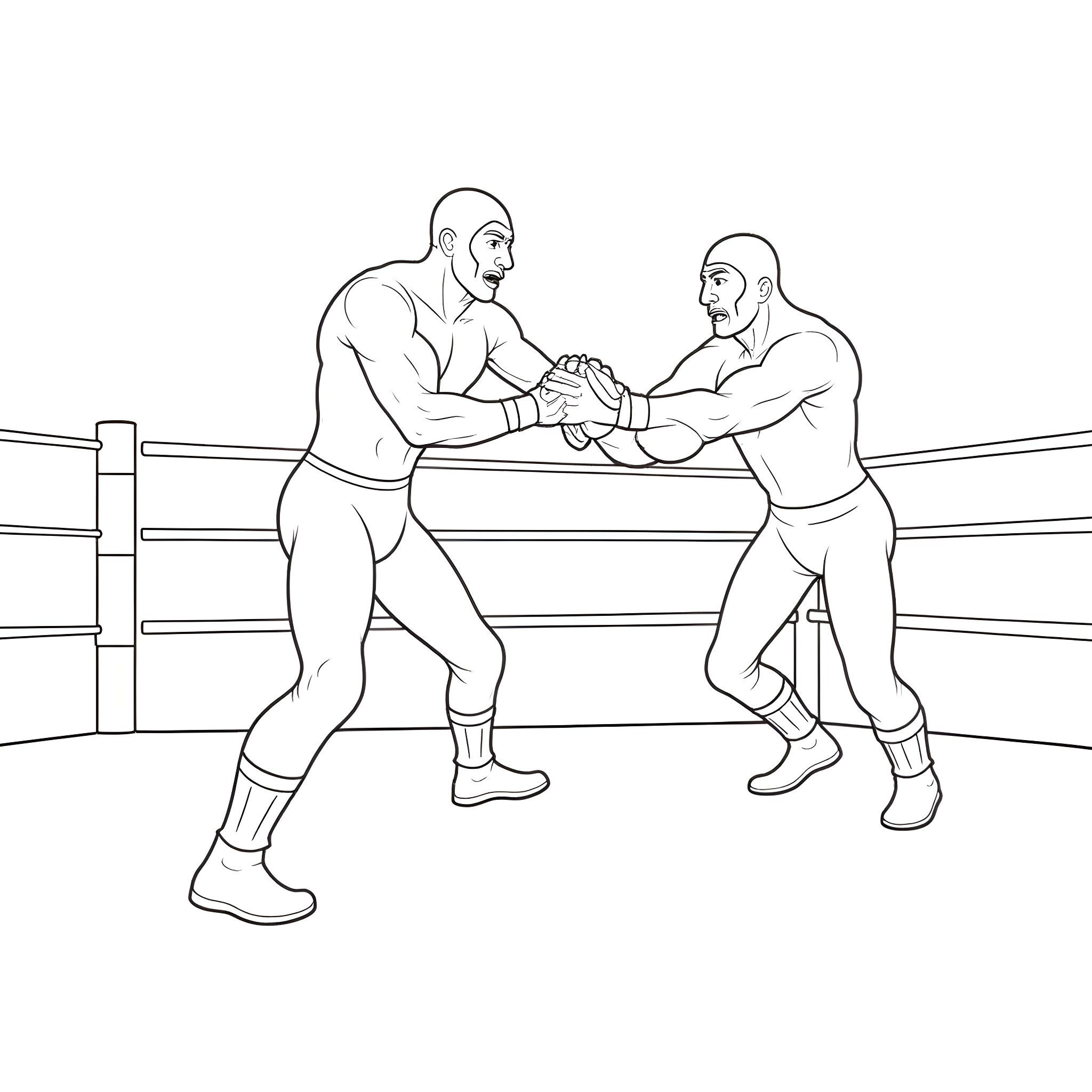 Wrestlers Engaged in Intense Match Coloring Page (free black-and-white line drawing printable PDF for all, from beginners to advanced learners, including children, teens, adults, and seniors)