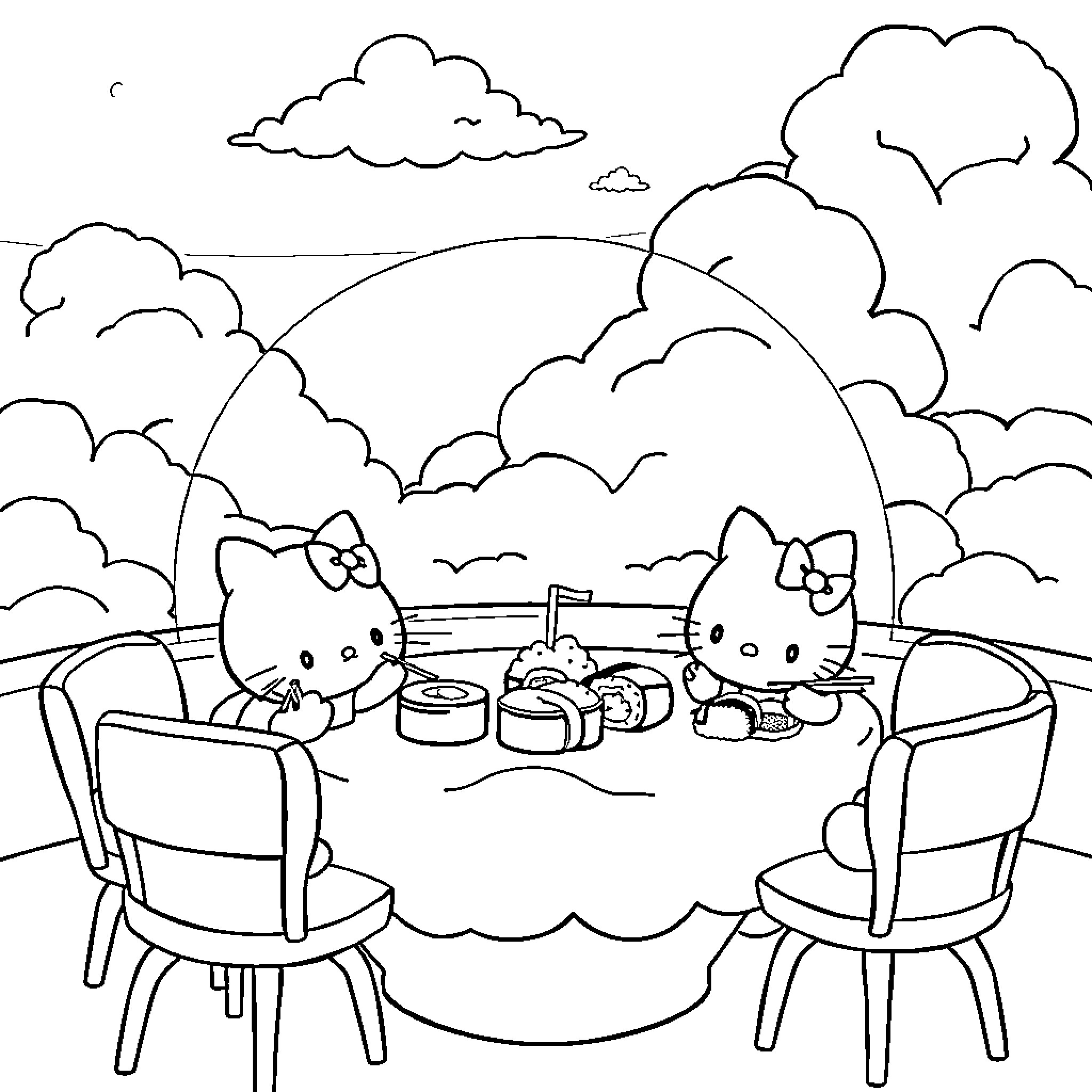 Sanrio Characters Enjoying a Picnic Outdoors Coloring Page (free black-and-white line drawing printable PDF for all, from beginners to advanced learners, including children, teens, adults, and seniors)