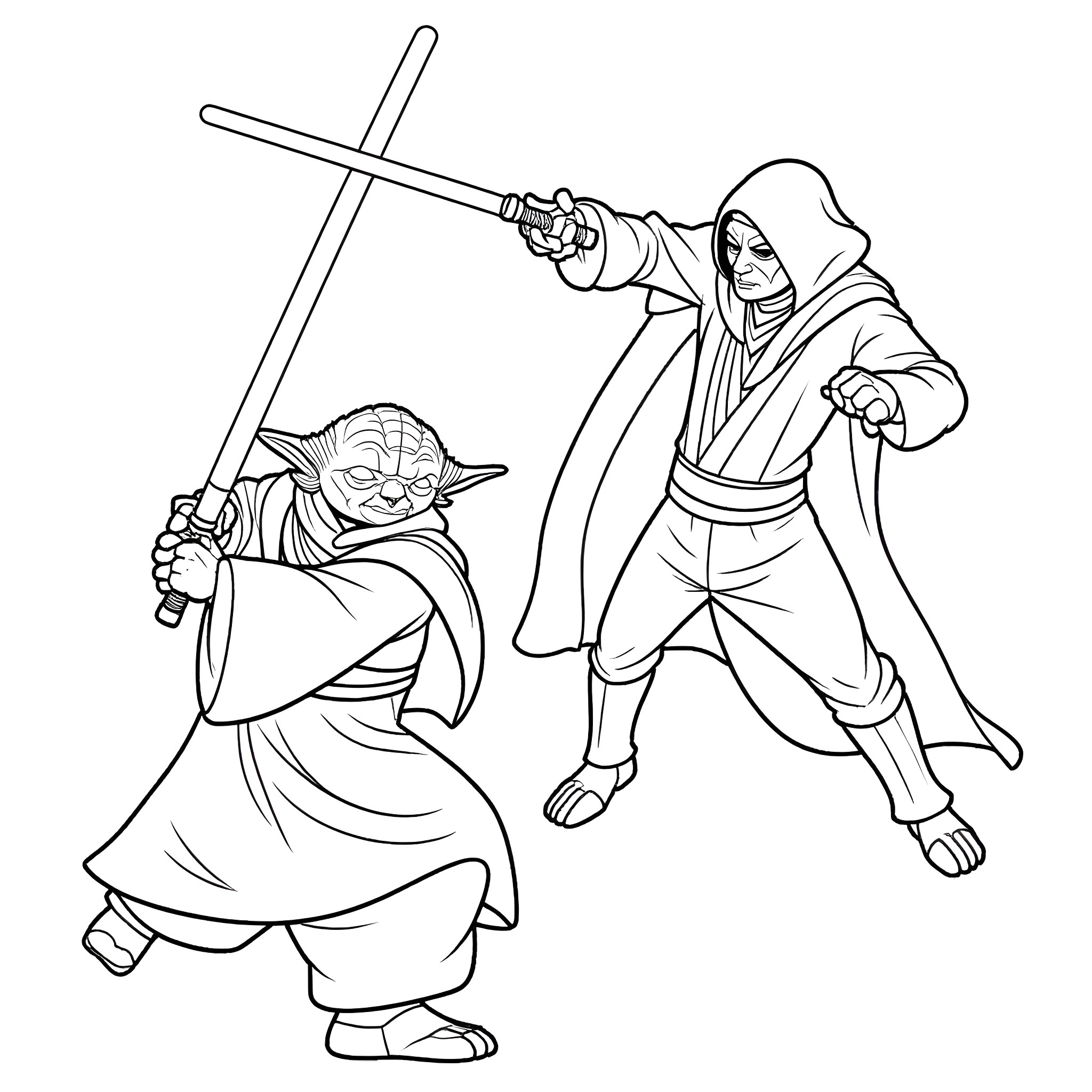 Yoda and Hooded Figure Engaged in Lightsaber Battle Coloring Page (free black-and-white line drawing printable PDF for all, from beginners to advanced learners, including children, teens, adults, and seniors)