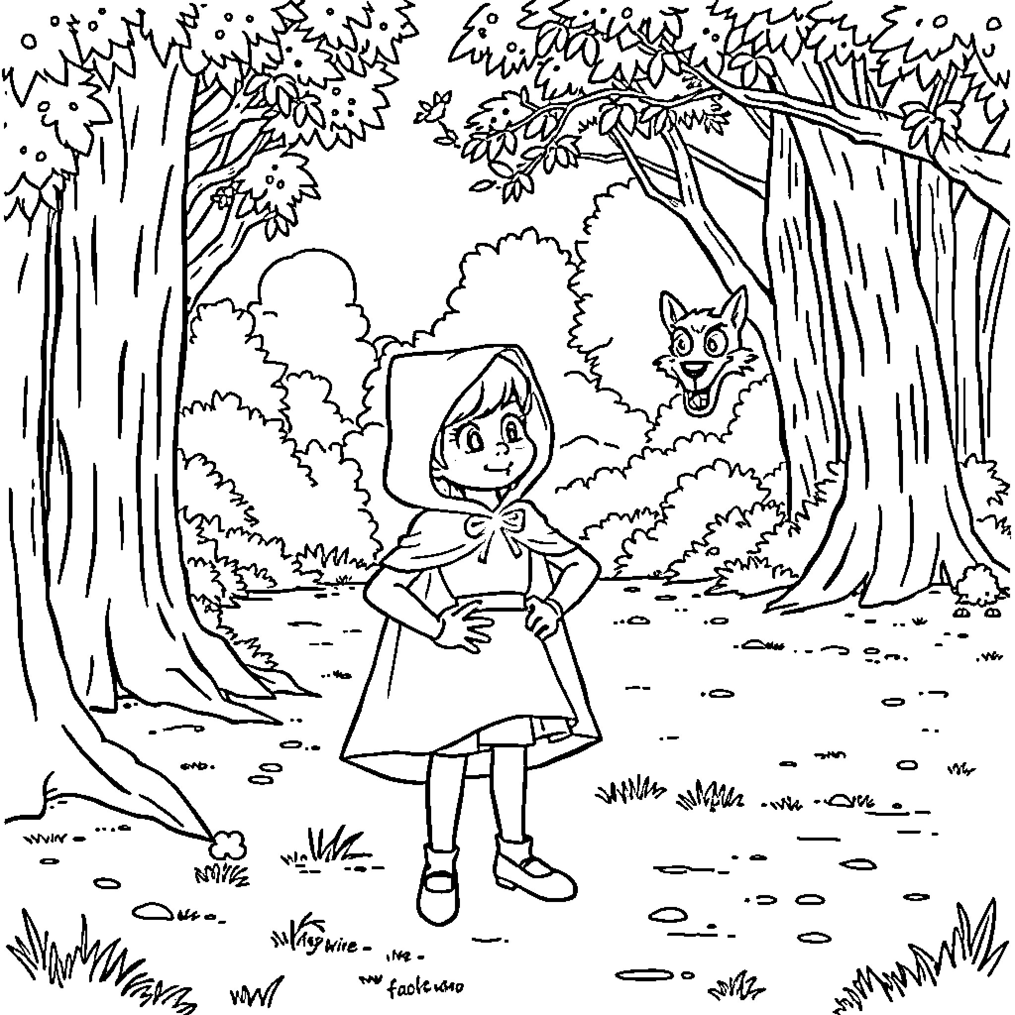 Little Red Riding Hood encounters a growling wolf in the forest Coloring Page (free black-and-white line drawing printable PDF for all, from beginners to advanced learners, including children, teens, adults, and seniors)