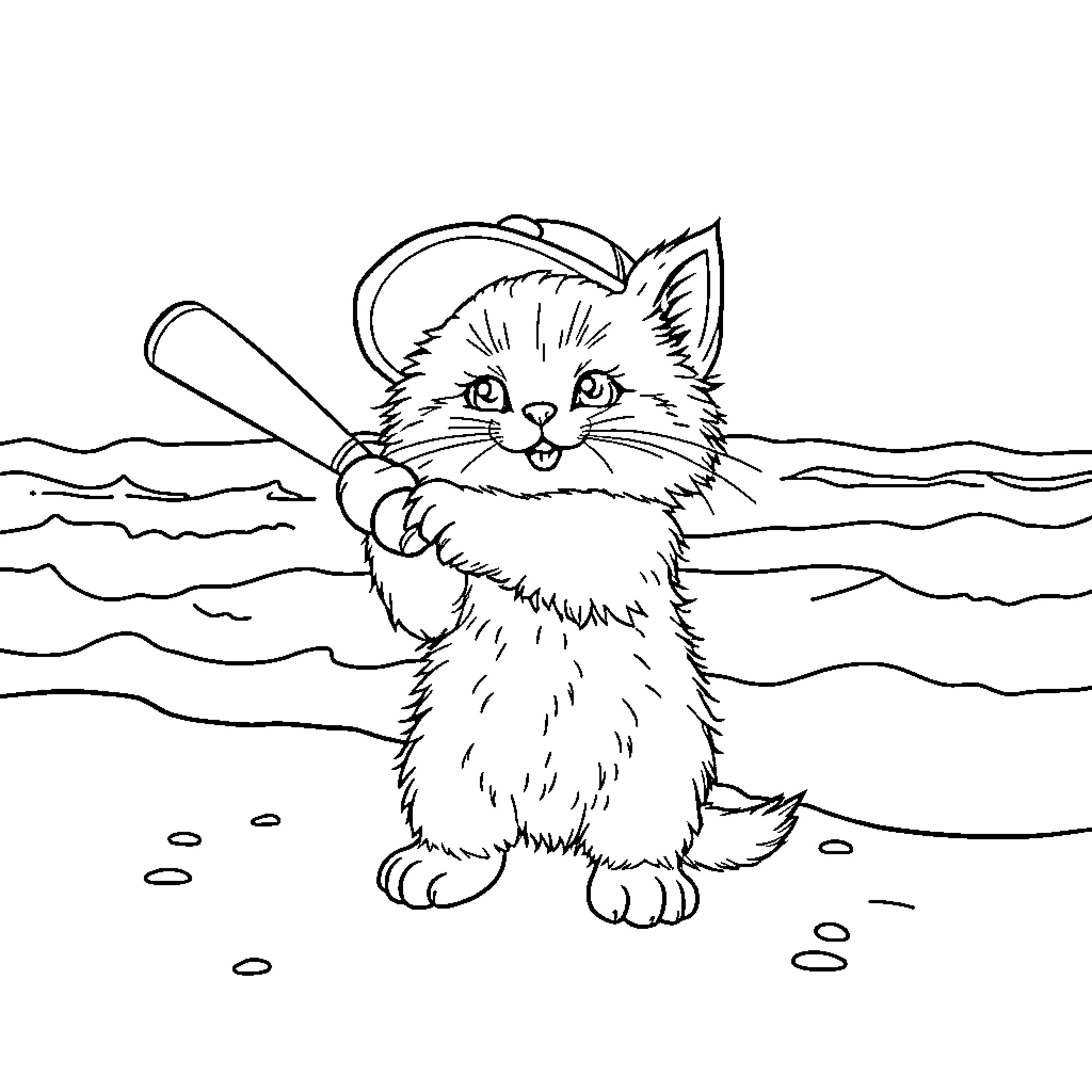Kitty playing with a baseball bat on the beach Coloring Page (free black-and-white line drawing printable PDF for all, from beginners to advanced learners, including children, teens, adults, and seniors)