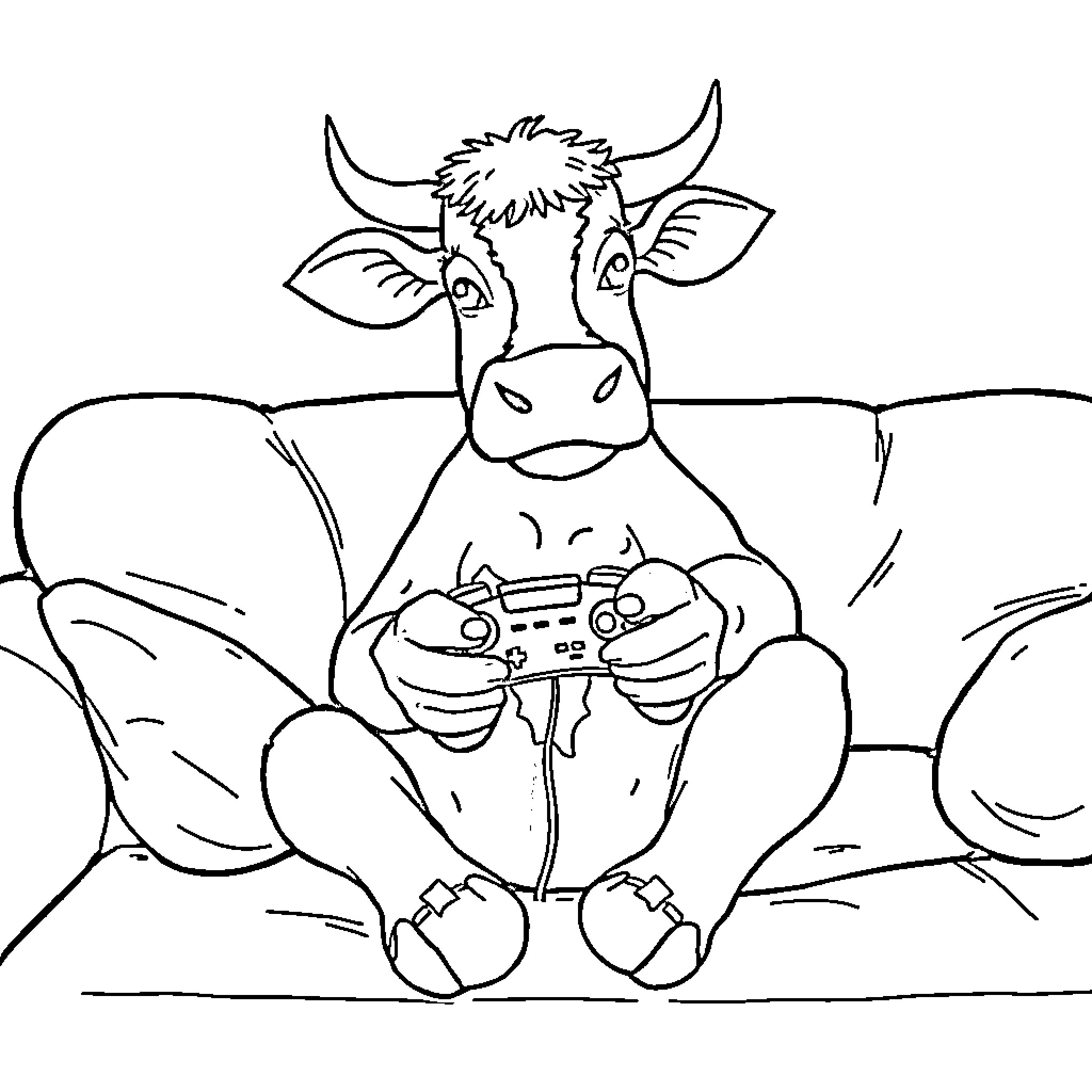 Cow playing video game on the farm Coloring Page (free black-and-white line drawing printable PDF for all, from beginners to advanced learners, including children, teens, adults, and seniors)