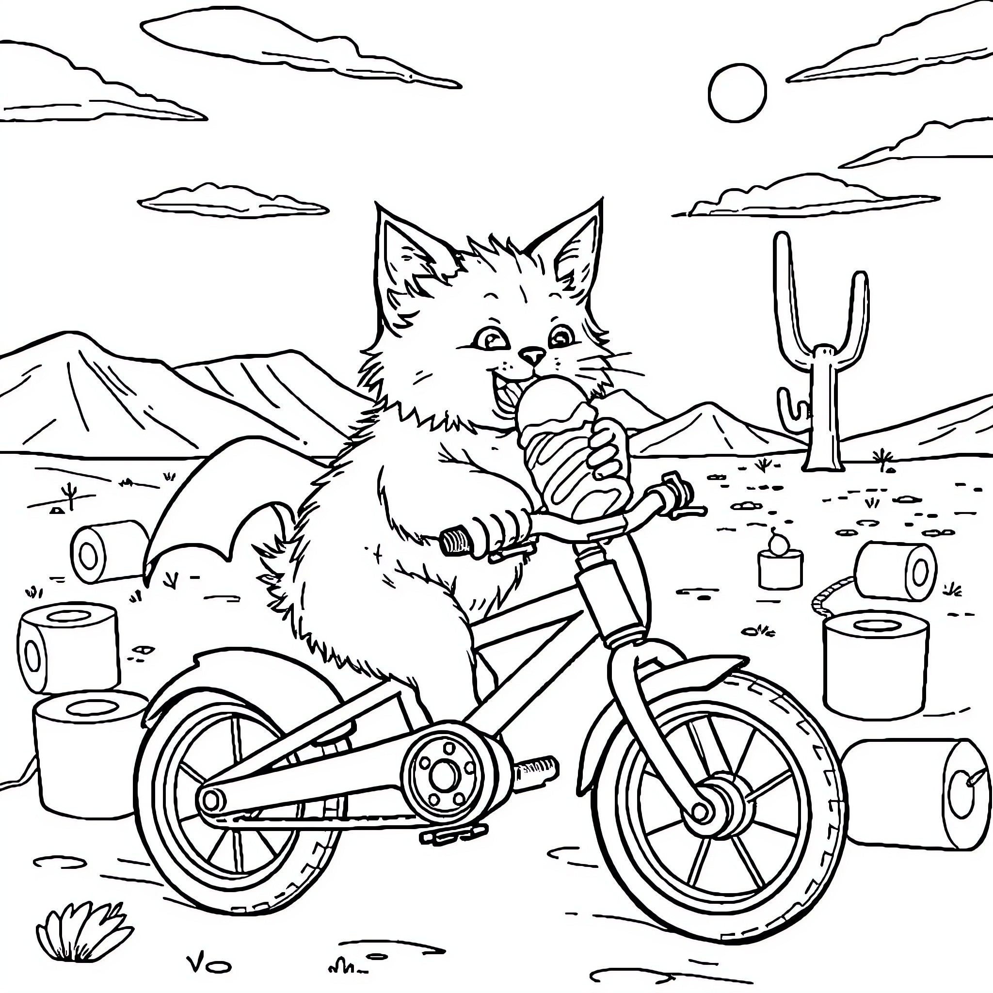 Cat riding a bicycle in the desert Coloring Page (free black-and-white line drawing printable PDF for all, from beginners to advanced learners, including children, teens, adults, and seniors)