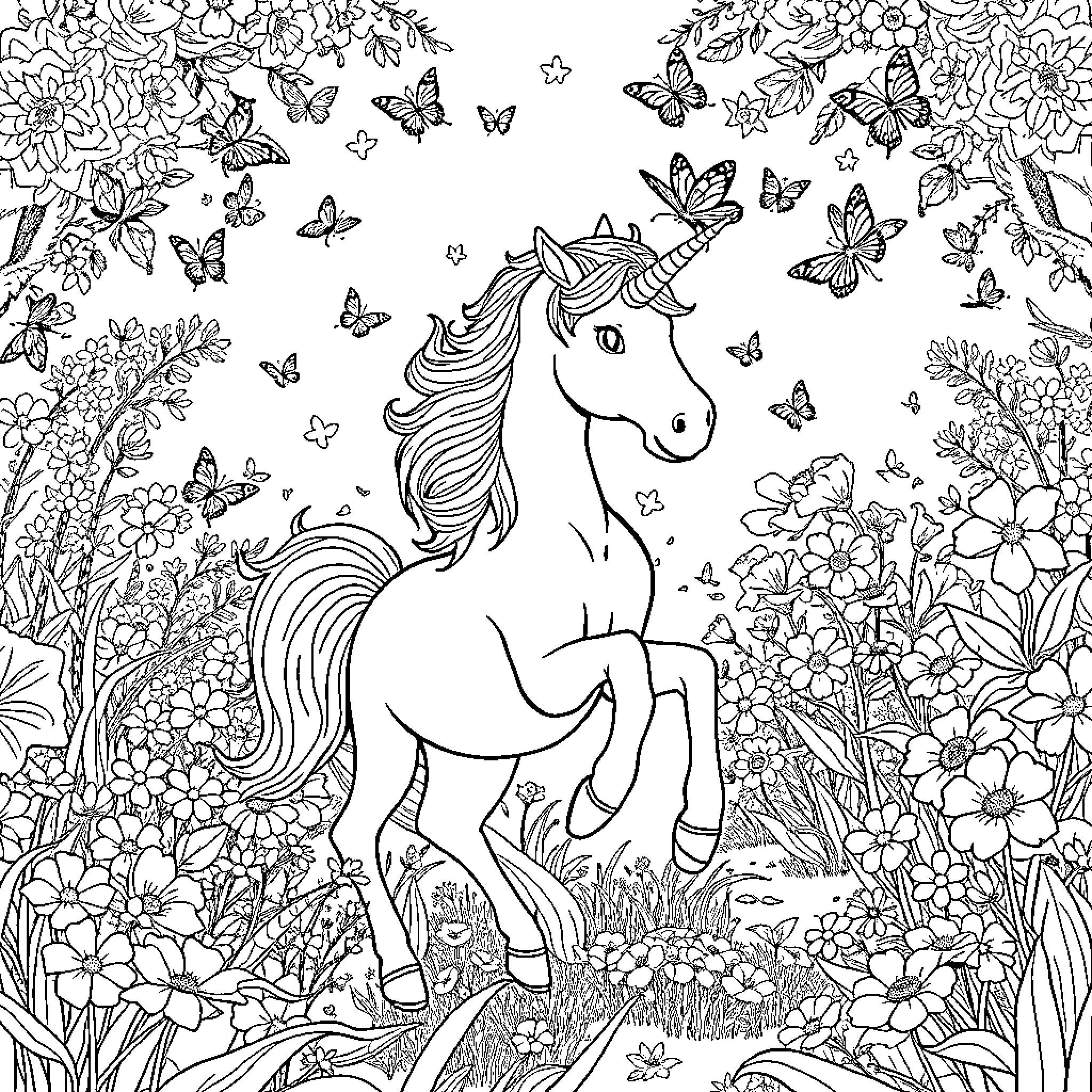 Unicorn among blossoms and butterflies Coloring Page (free black-and-white line drawing printable PDF for all, from beginners to advanced learners, including children, teens, adults, and seniors)