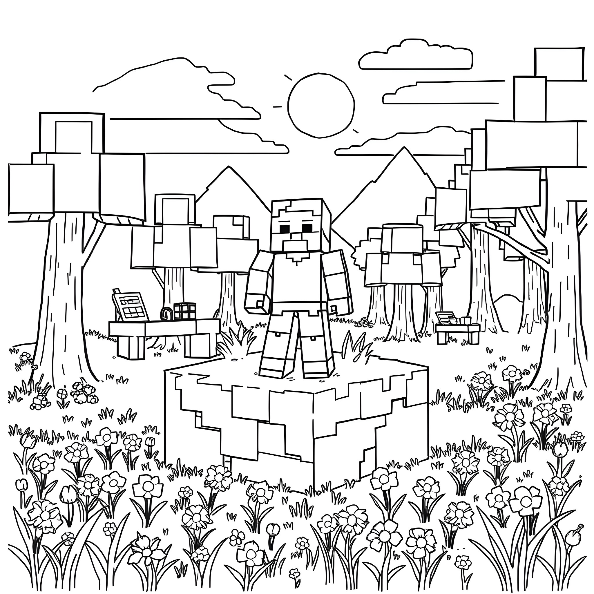 Minecraft Character Exploring a Vibrant Landscape Coloring Page (free black-and-white line drawing printable PDF for all, from beginners to advanced learners, including children, teens, adults, and seniors)