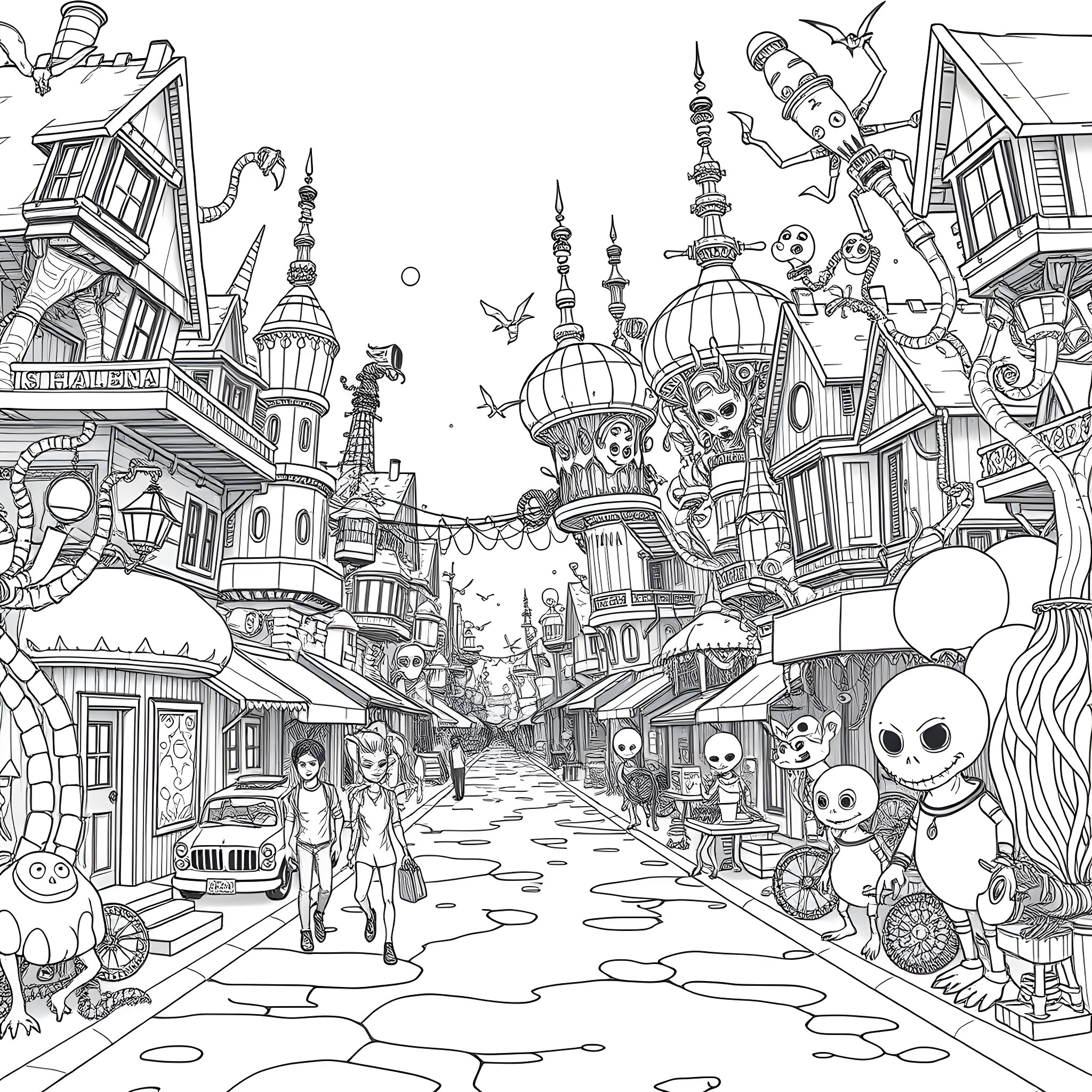 Sesame Street Wonderland: A Whimsical Streetscape Coloring Page (free black-and-white line drawing printable PDF for all, from beginners to advanced learners, including children, teens, adults, and seniors)