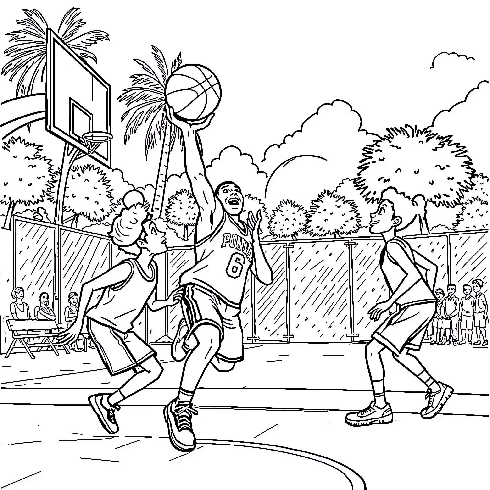 Basketball players engaged in an intense game on the court Coloring Page (free black-and-white line drawing printable PDF for all, from beginners to advanced learners, including children, teens, adults, and seniors)