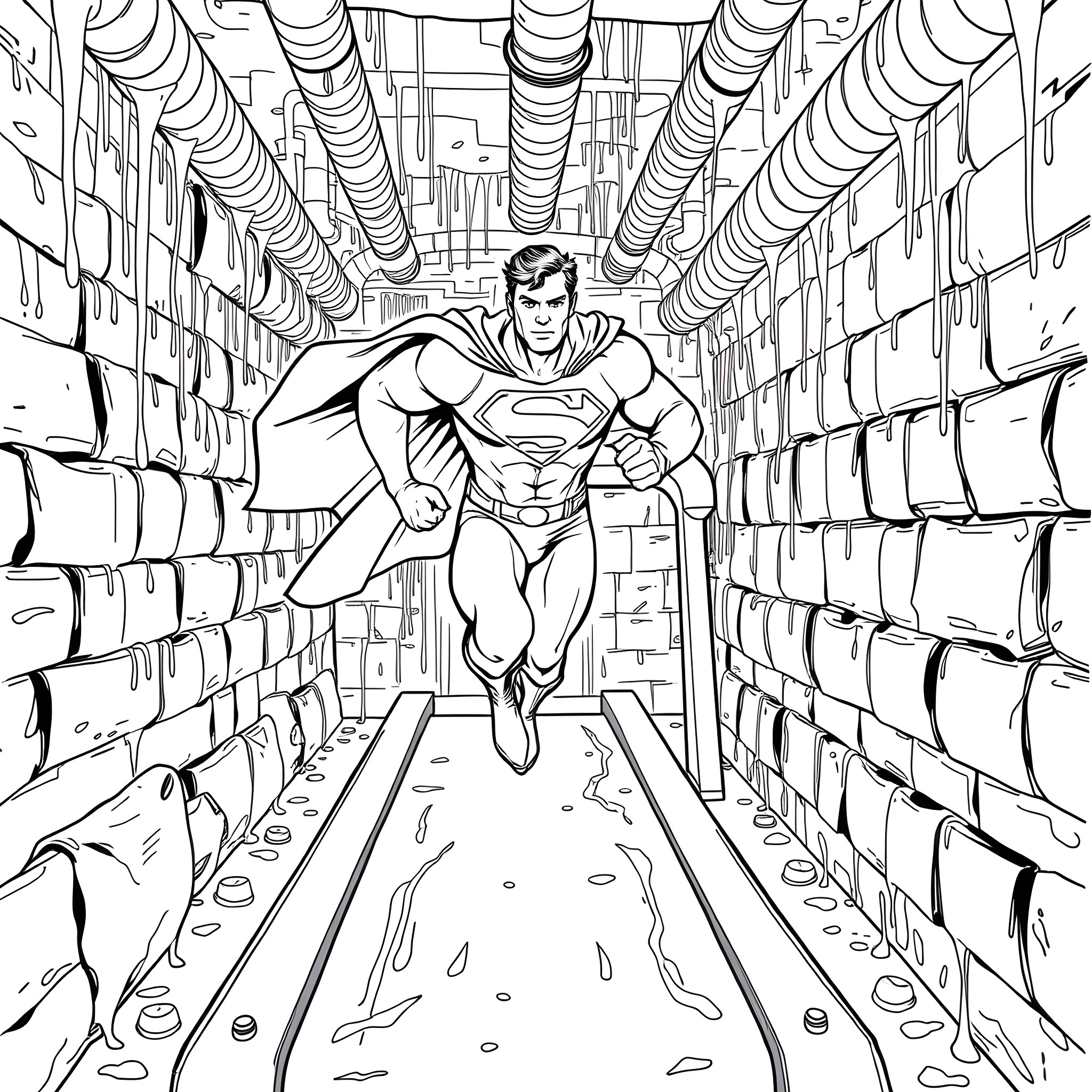 Superman soaring through a dark and ominous tunnel Coloring Page (free black-and-white line drawing printable PDF for all, from beginners to advanced learners, including children, teens, adults, and seniors)