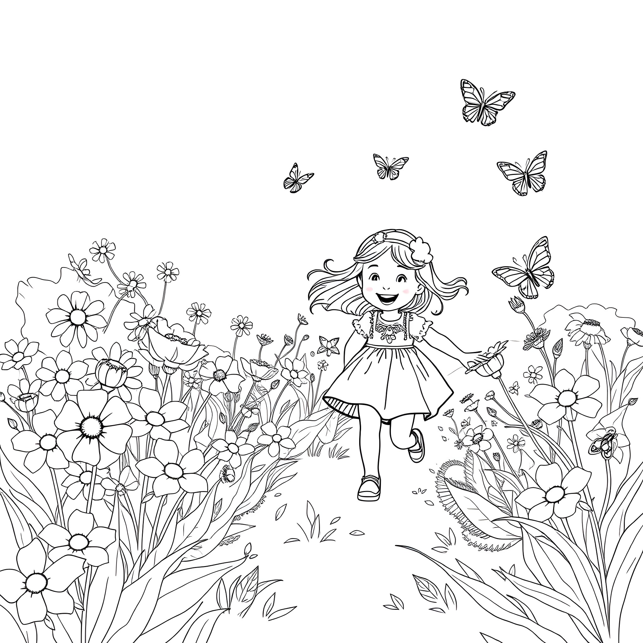 Girl exploring a floral garden with butterflies Coloring Page (free black-and-white line drawing printable PDF for all, from beginners to advanced learners, including children, teens, adults, and seniors)