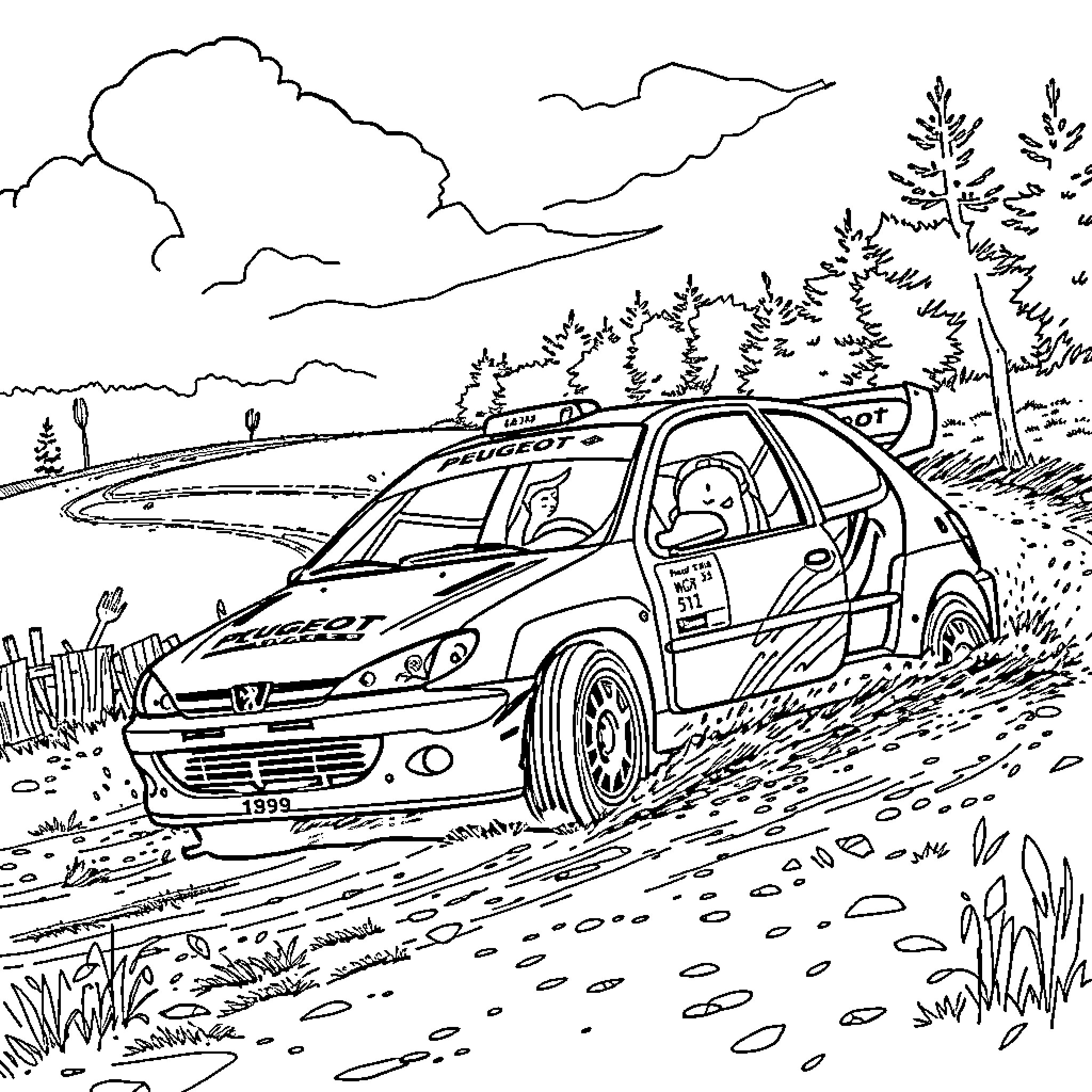Peugeot 206 racing through scenic countryside Coloring Page (free black-and-white line drawing printable PDF for all, from beginners to advanced learners, including children, teens, adults, and seniors)