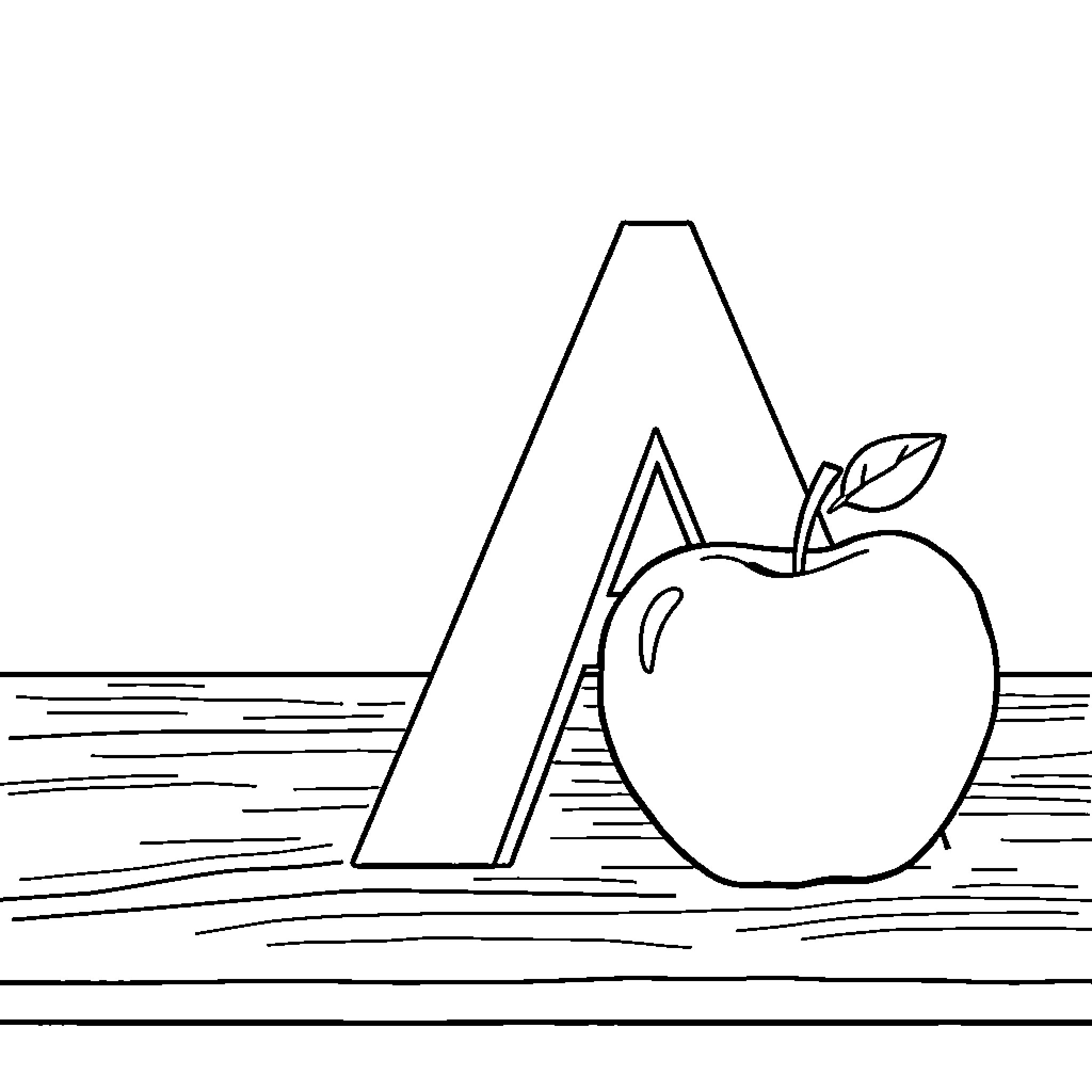 Letter A with Scenic Apple Coloring Page (free black-and-white line drawing printable PDF for all, from beginners to advanced learners, including children, teens, adults, and seniors)
