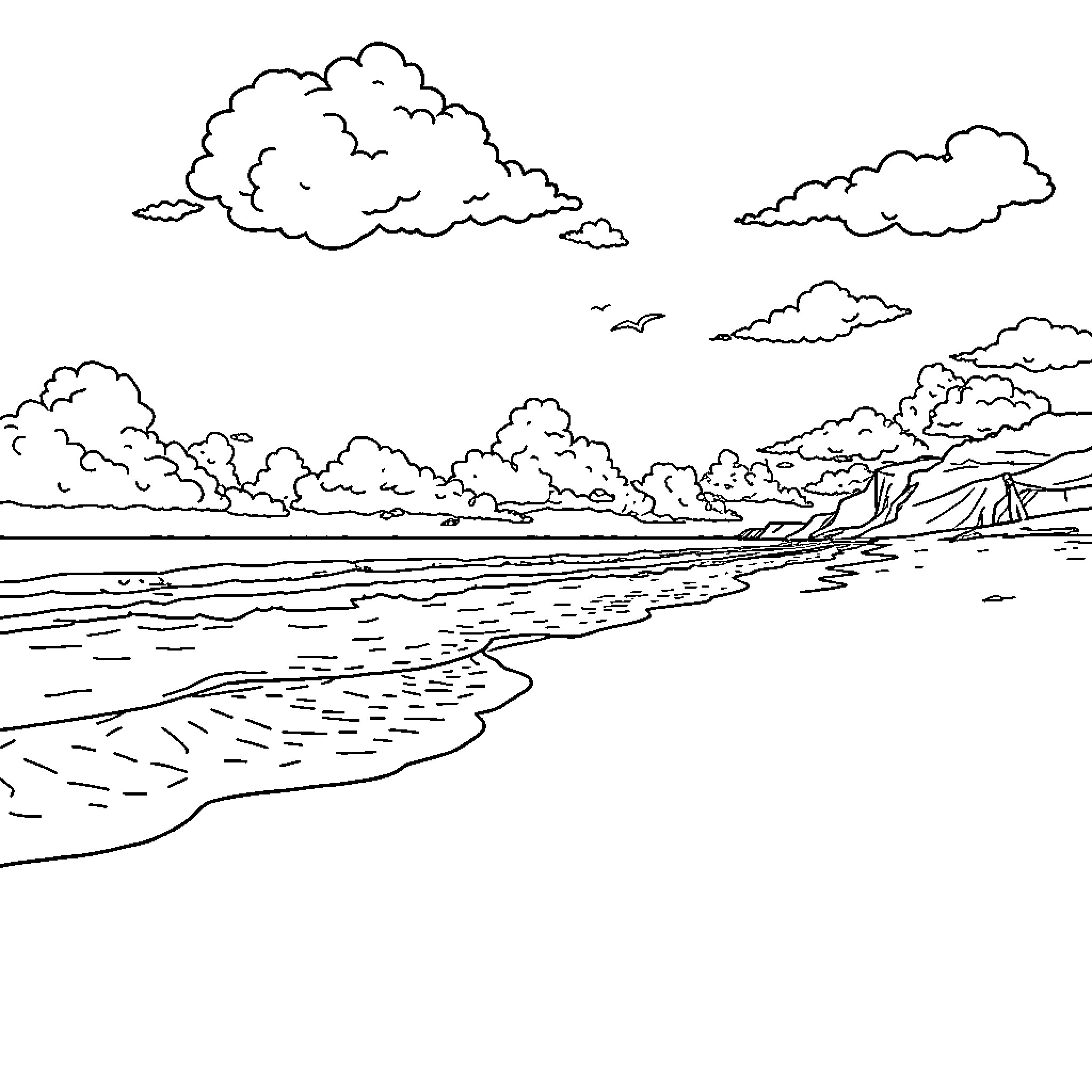 Beach landscape with clouds and waves Coloring Page (free black-and-white line drawing printable PDF for all, from beginners to advanced learners, including children, teens, adults, and seniors)