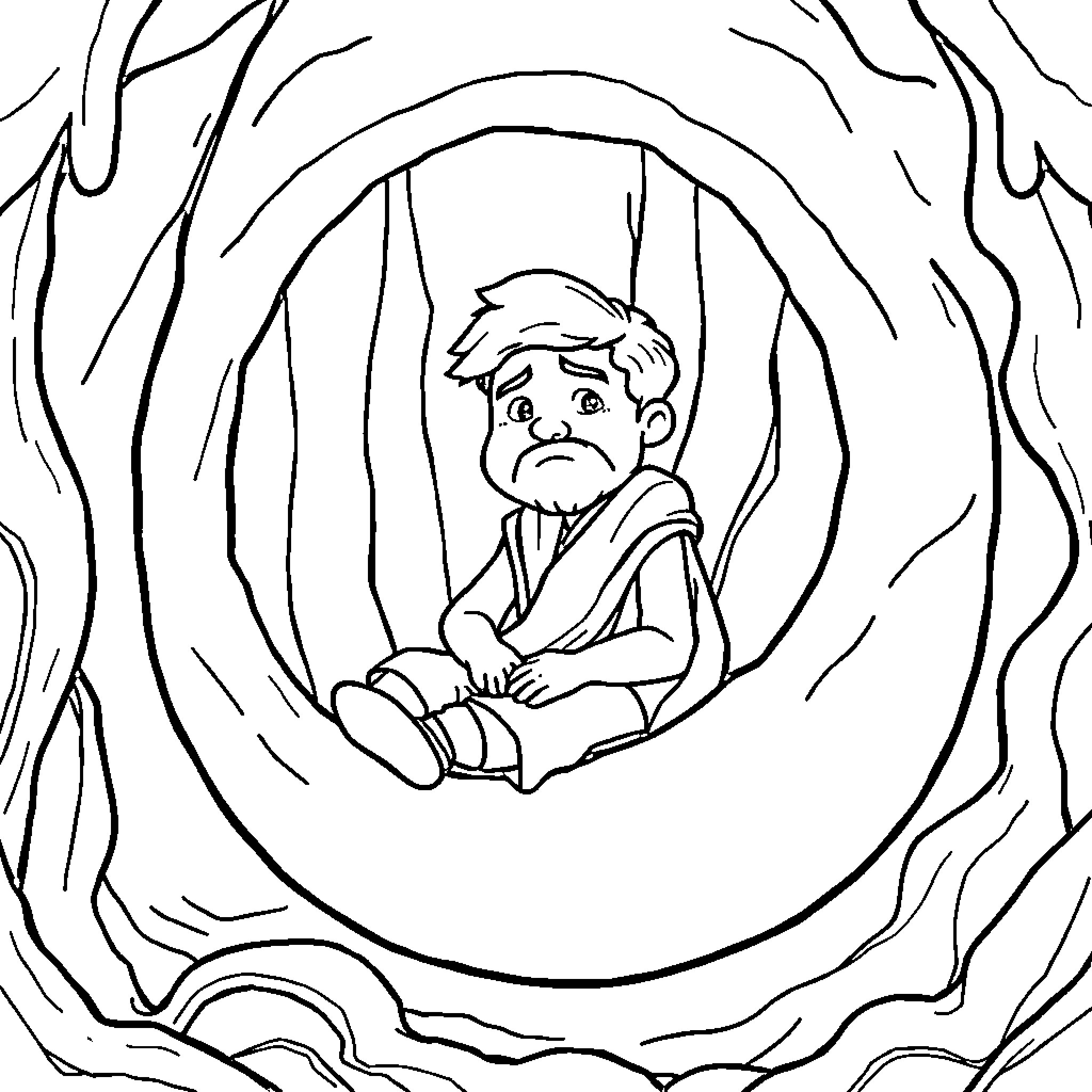 Jonah feeling distressed in a dark tunnel Coloring Page (free black-and-white line drawing printable PDF for all, from beginners to advanced learners, including children, teens, adults, and seniors)