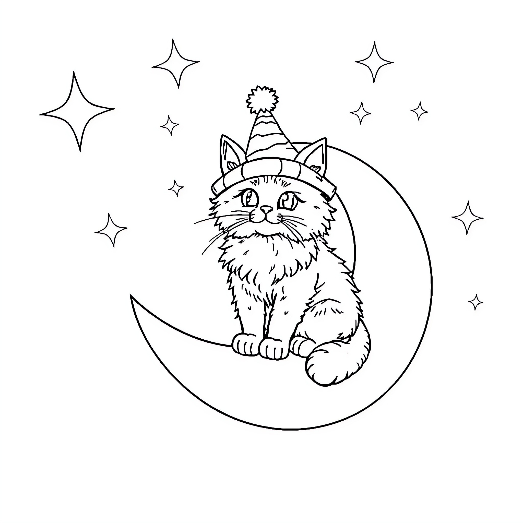 Cat on a Crescent Moon with Stars Coloring Page (free black-and-white line drawing printable PDF for all, from beginners to advanced learners, including children, teens, adults, and seniors)