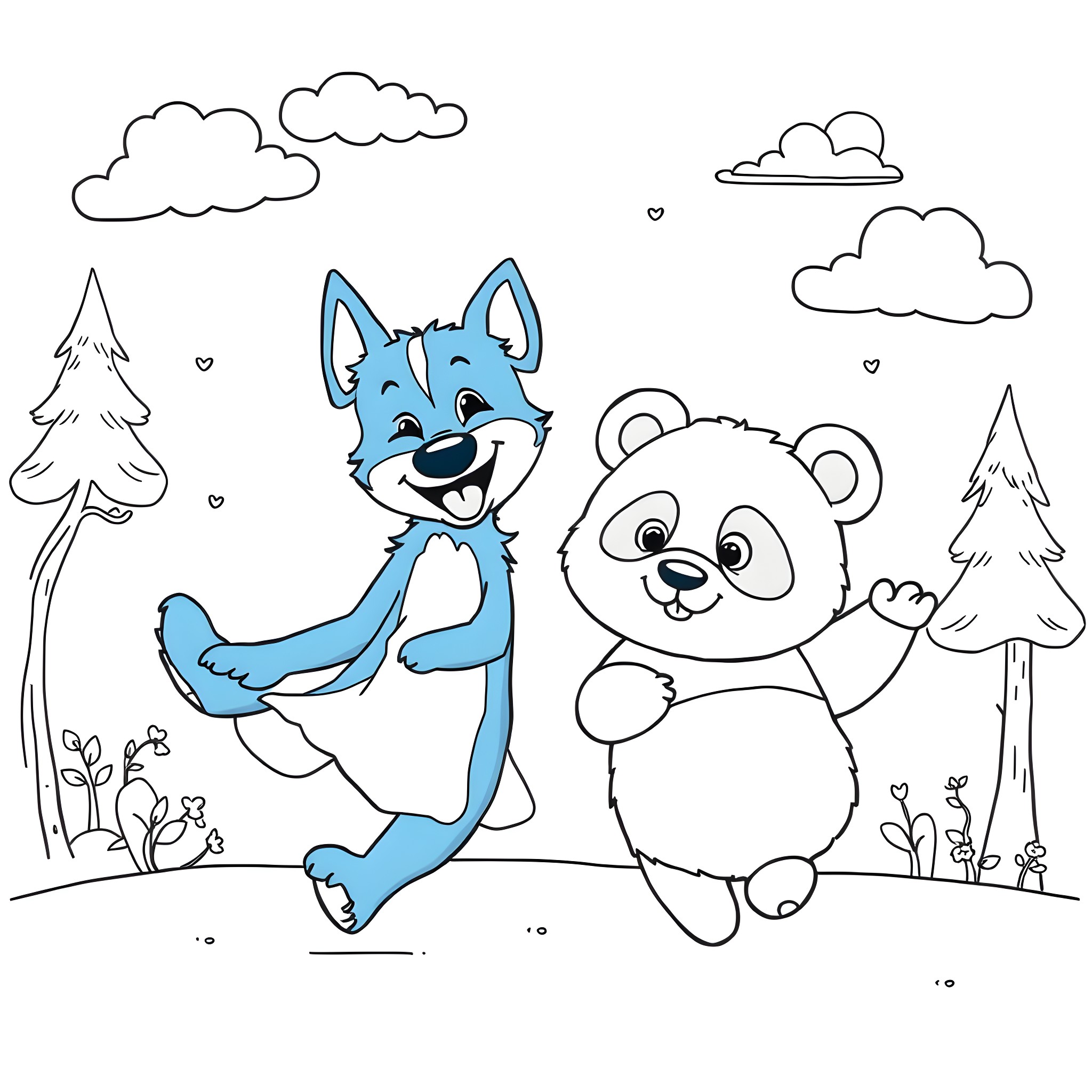 Bluey and Panda playing happily in the forest Coloring Page (free black-and-white line drawing printable PDF for all, from beginners to advanced learners, including children, teens, adults, and seniors)