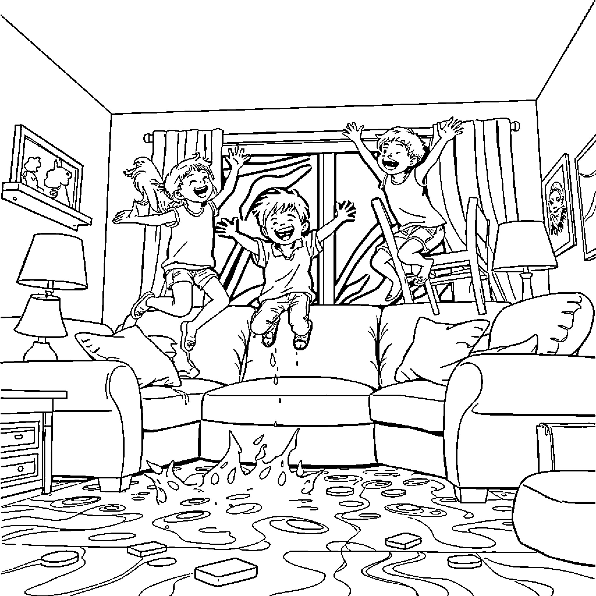 Kid's Playful Chaos in the Living Room Coloring Page (free black-and-white line drawing printable PDF for all, from beginners to advanced learners, including children, teens, adults, and seniors)