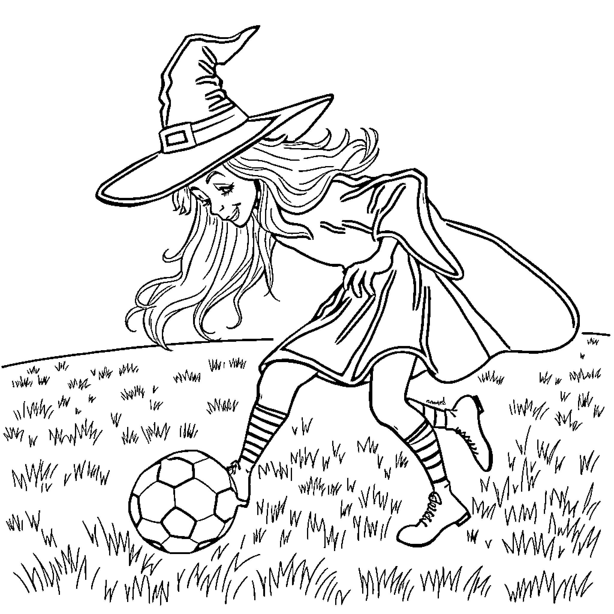 Witch Playing with Soccer Ball in Field Coloring Page (free black-and-white line drawing printable PDF for all, from beginners to advanced learners, including children, teens, adults, and seniors)