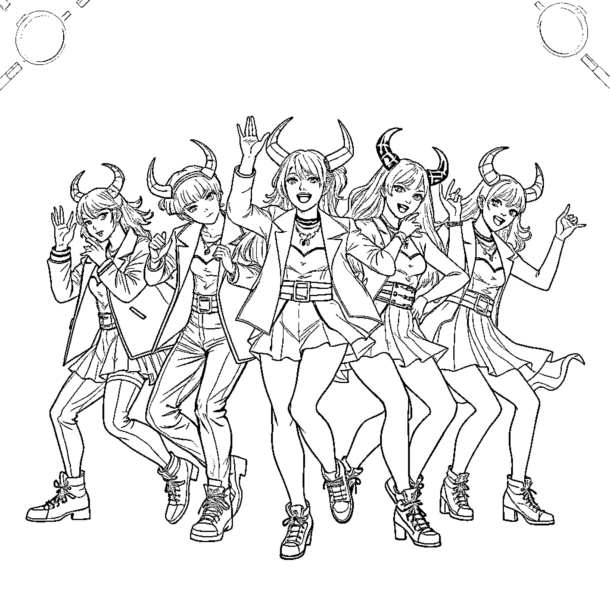 Demon Hunters Striking Powerful Poses in Stylish Outfits Coloring Page (free black-and-white line drawing printable PDF for all, from beginners to advanced learners, including children, teens, adults, and seniors)