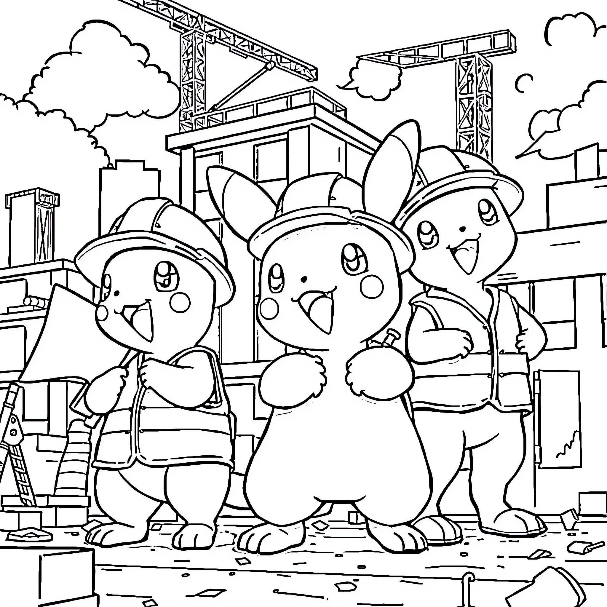 Pokémon construction workers in the city Coloring Page (free black-and-white line drawing printable PDF for all, from beginners to advanced learners, including children, teens, adults, and seniors)