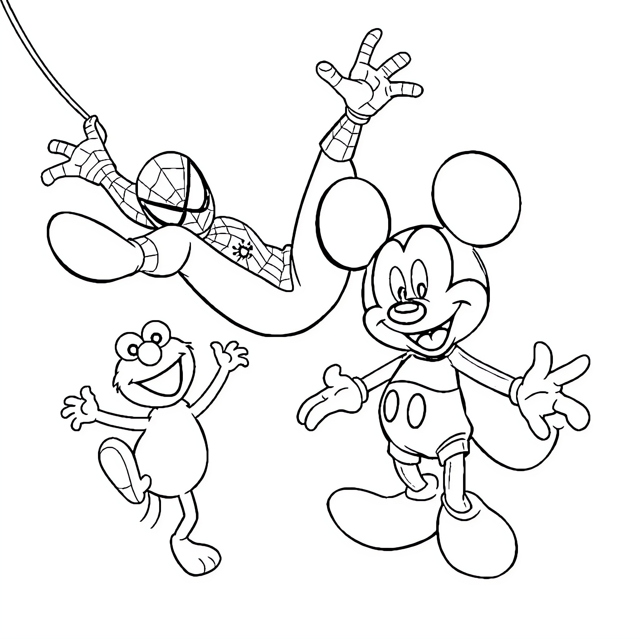 Character Cartoon Characters Interacting Playfully Coloring Page (free black-and-white line drawing printable PDF for all, from beginners to advanced learners, including children, teens, adults, and seniors)
