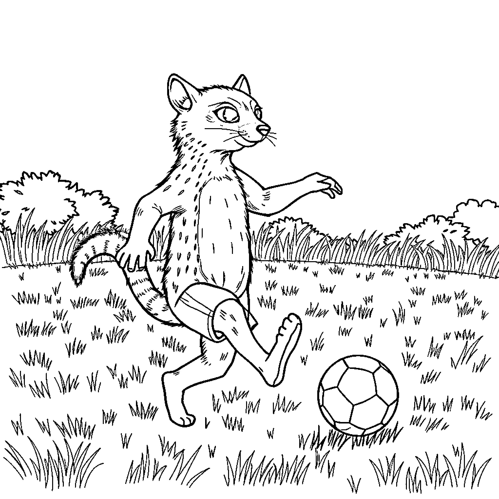 Suricata playing with a soccer ball in the field Coloring Page (free black-and-white line drawing printable PDF for all, from beginners to advanced learners, including children, teens, adults, and seniors)