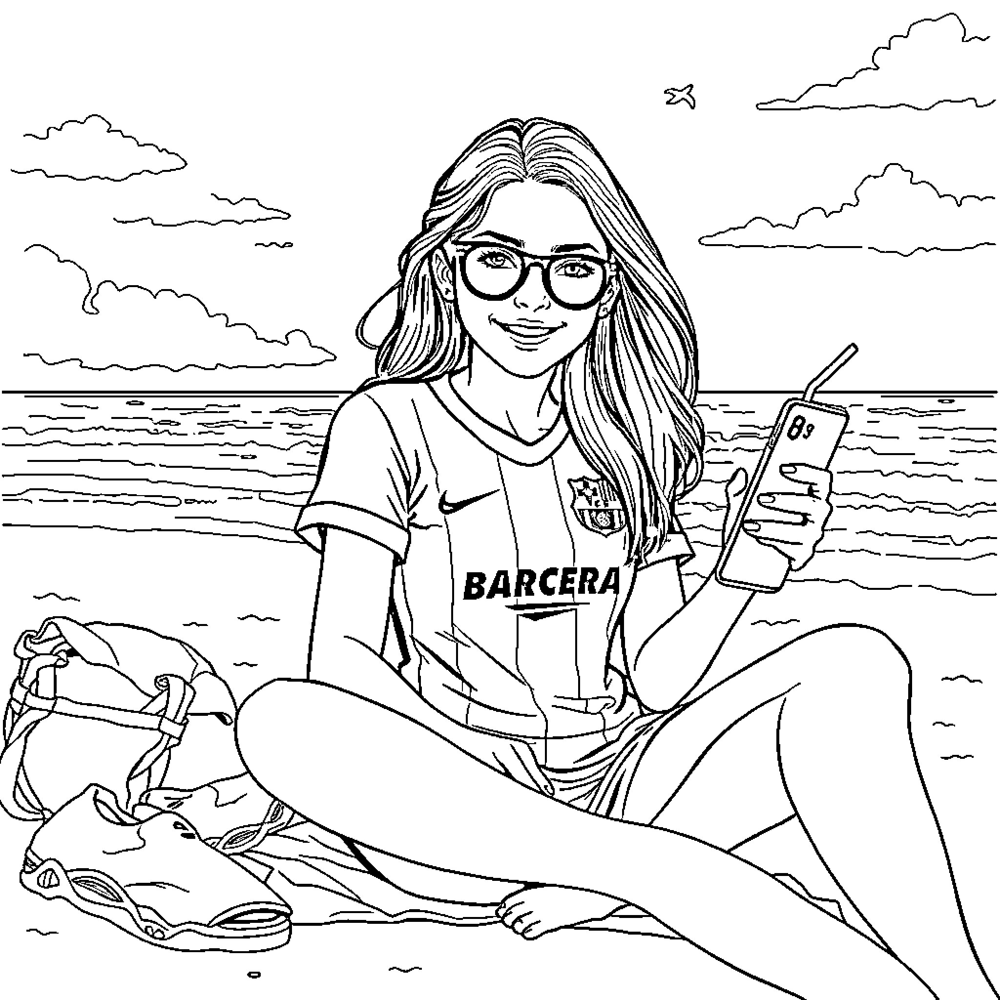 Chica enjoying a sunny day at the beach Coloring Page (free black-and-white line drawing printable PDF for all, from beginners to advanced learners, including children, teens, adults, and seniors)